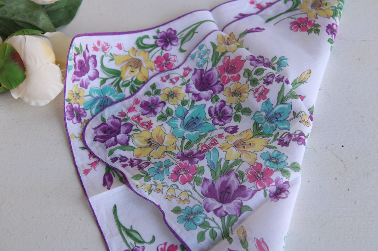 Vintage Cotton Hanky with Purple and Teal Flowers