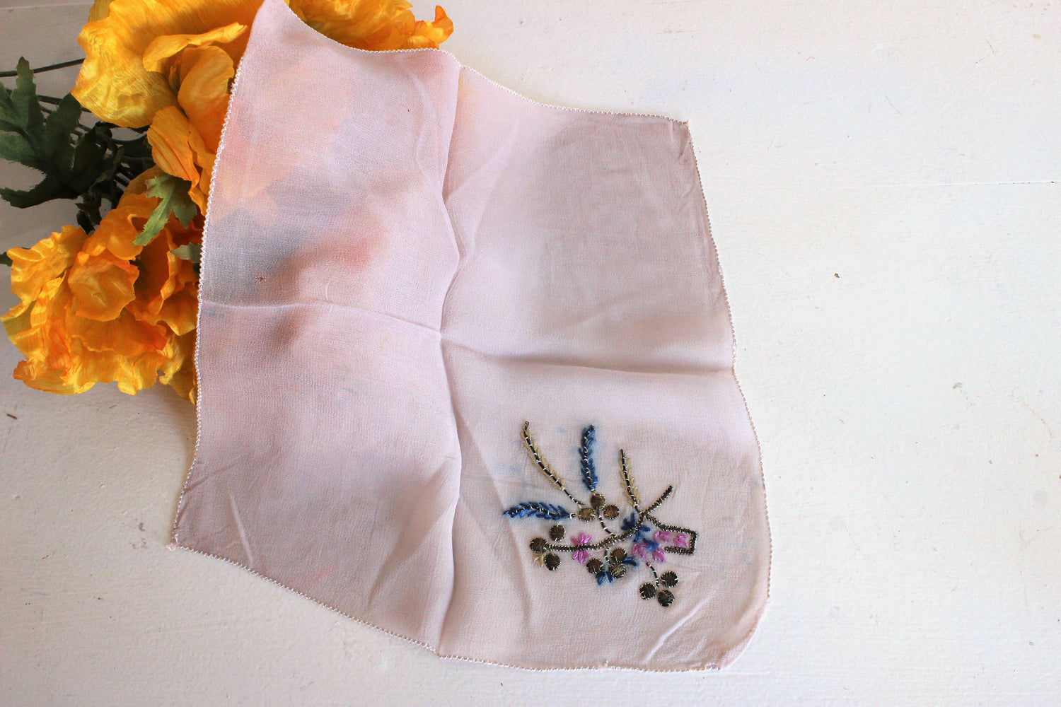 Vintage 1940s 1950s Handkerchief In Lavender Chiffon With Embroidered Flowers