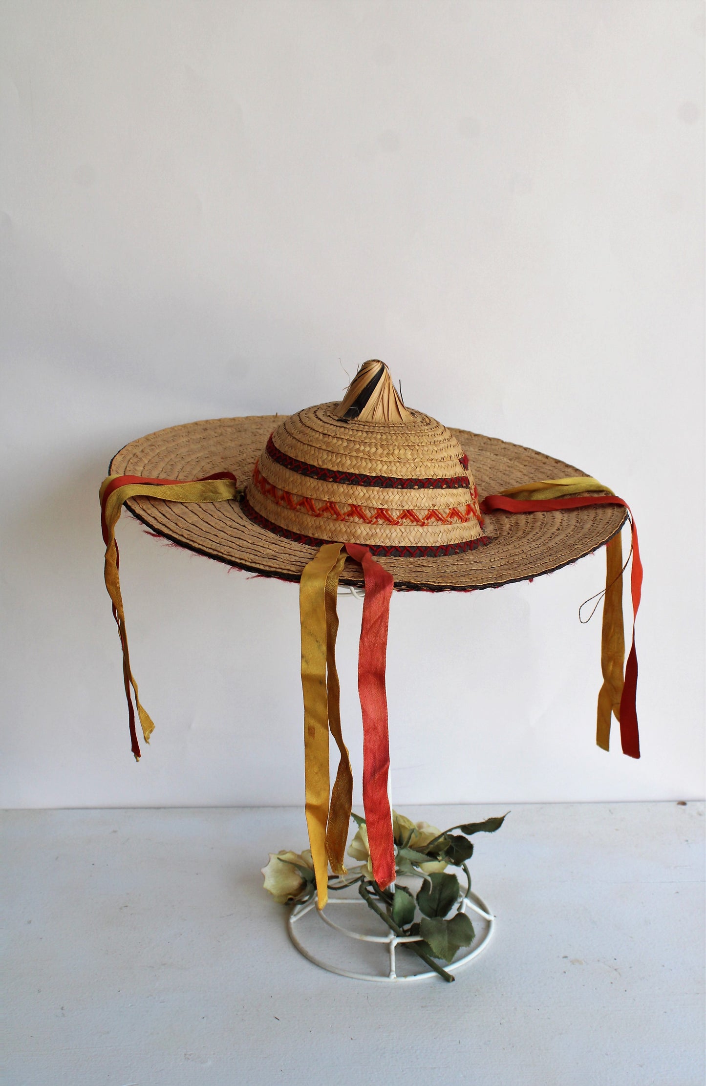 Vintage 1950s Woven Asian Conical Straw Hat