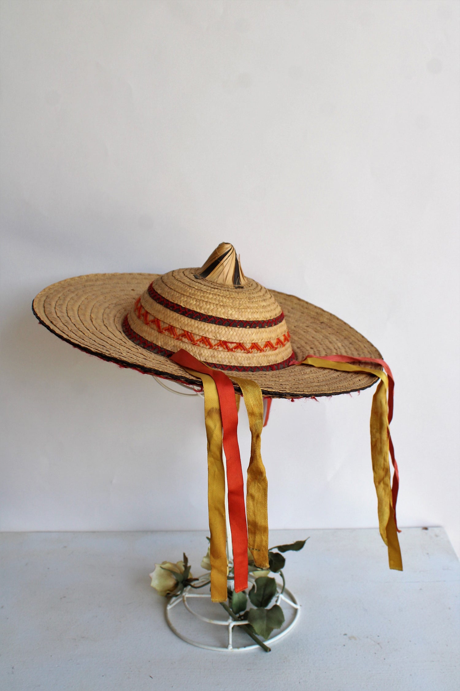 Vintage 1950s Woven Asian Conical Straw Hat