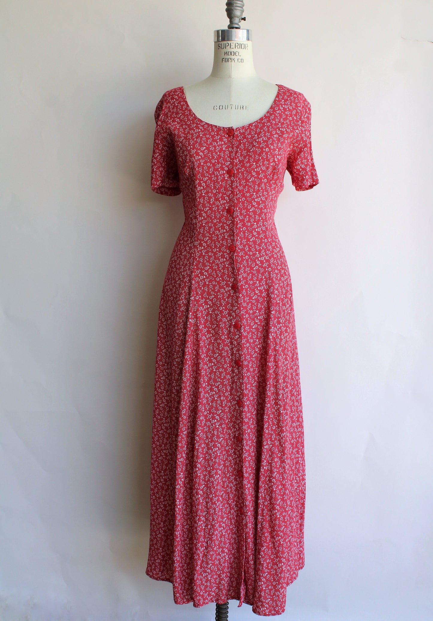 Vintage 1990s Red and White Country Floral Maxi Dress