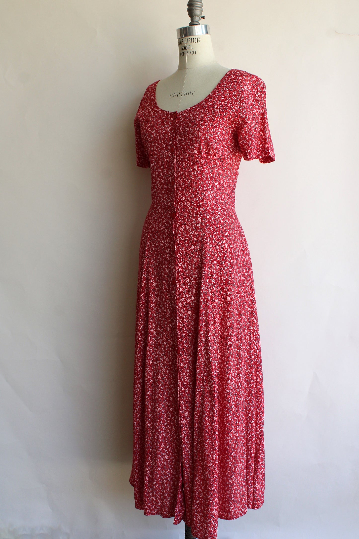 Vintage 1990s Red and White Country Floral Maxi Dress