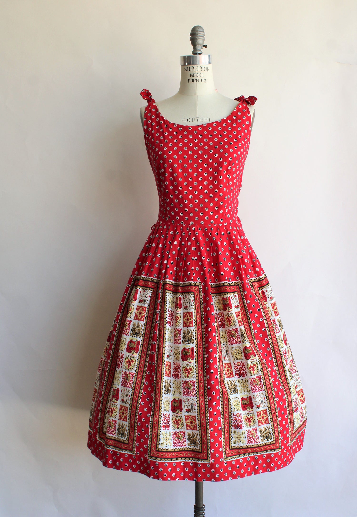 Vintage 1950s Red Novelty Print Cotton Sundress
