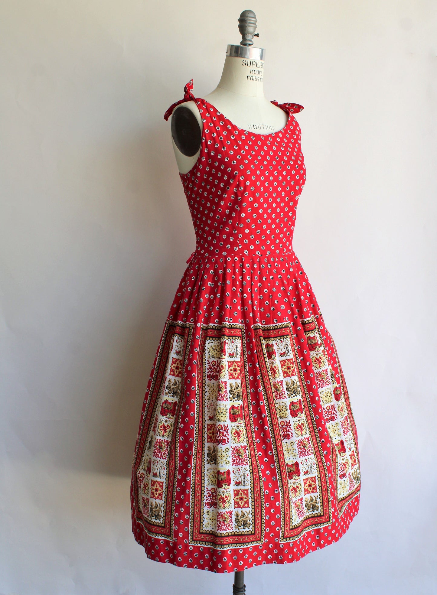 Vintage 1950s Red Novelty Print Cotton Sundress
