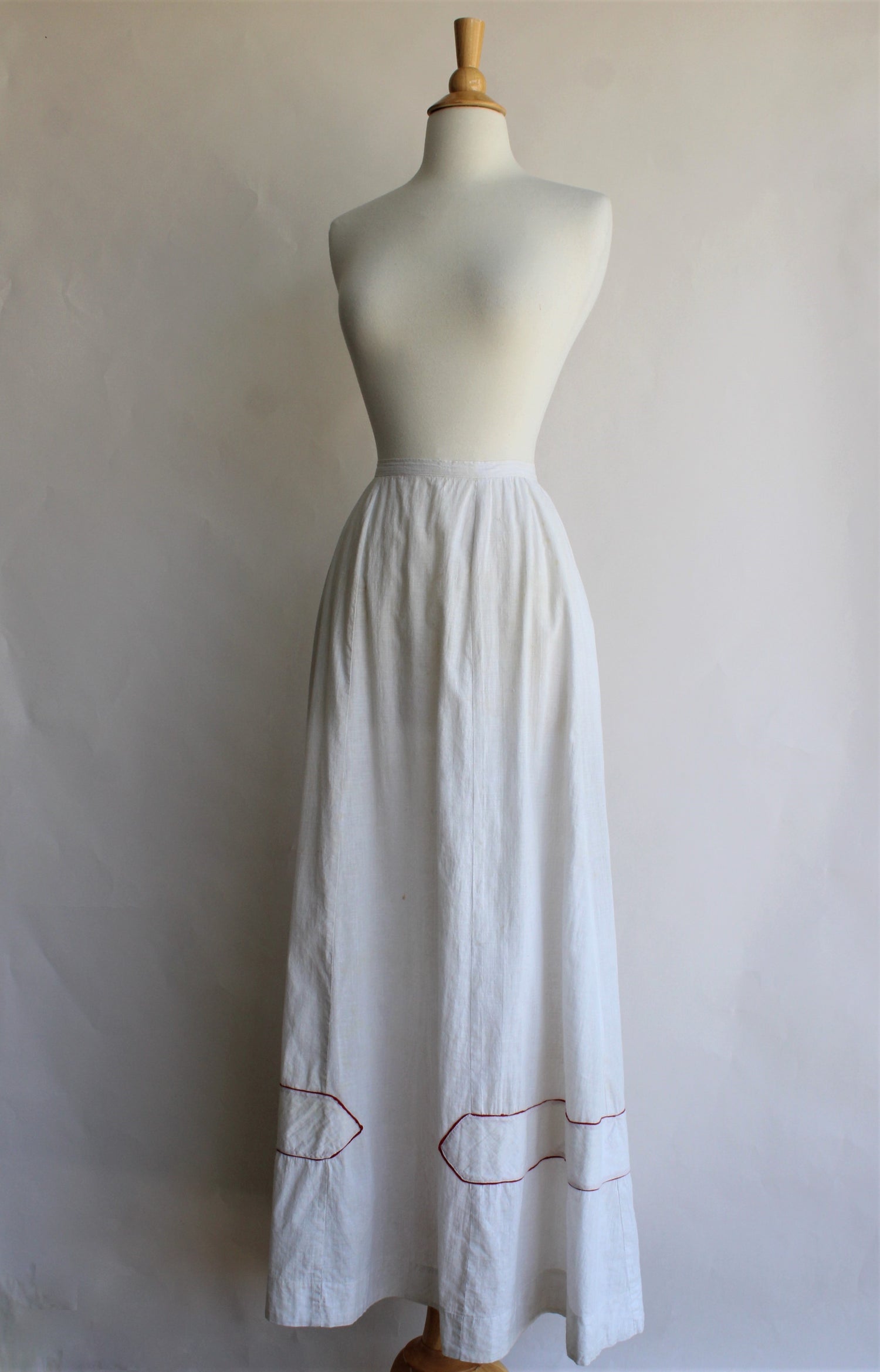 Antique Edwardian White Cotton Petticoat With Red Trim