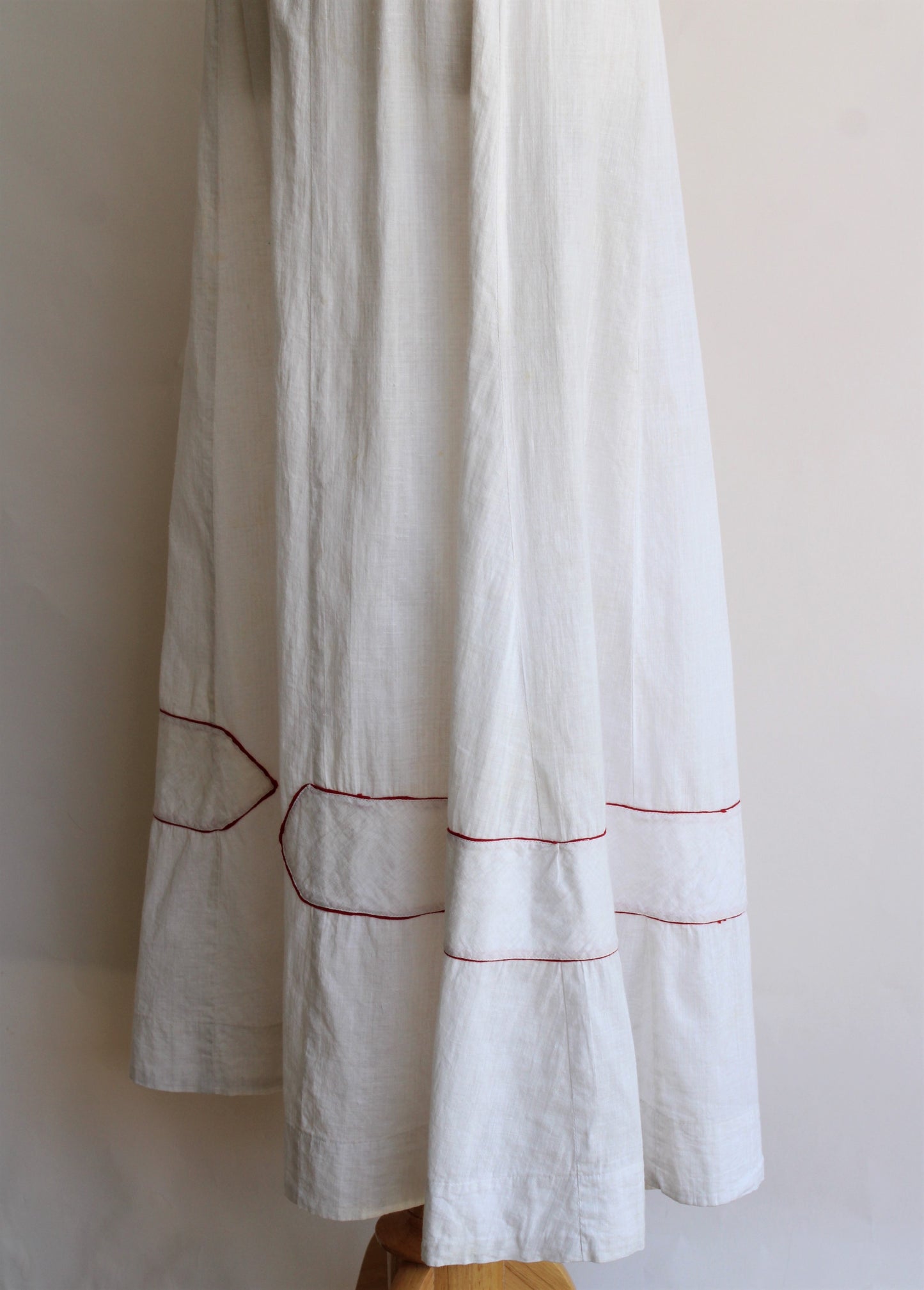 Antique Edwardian White Cotton Petticoat With Red Trim