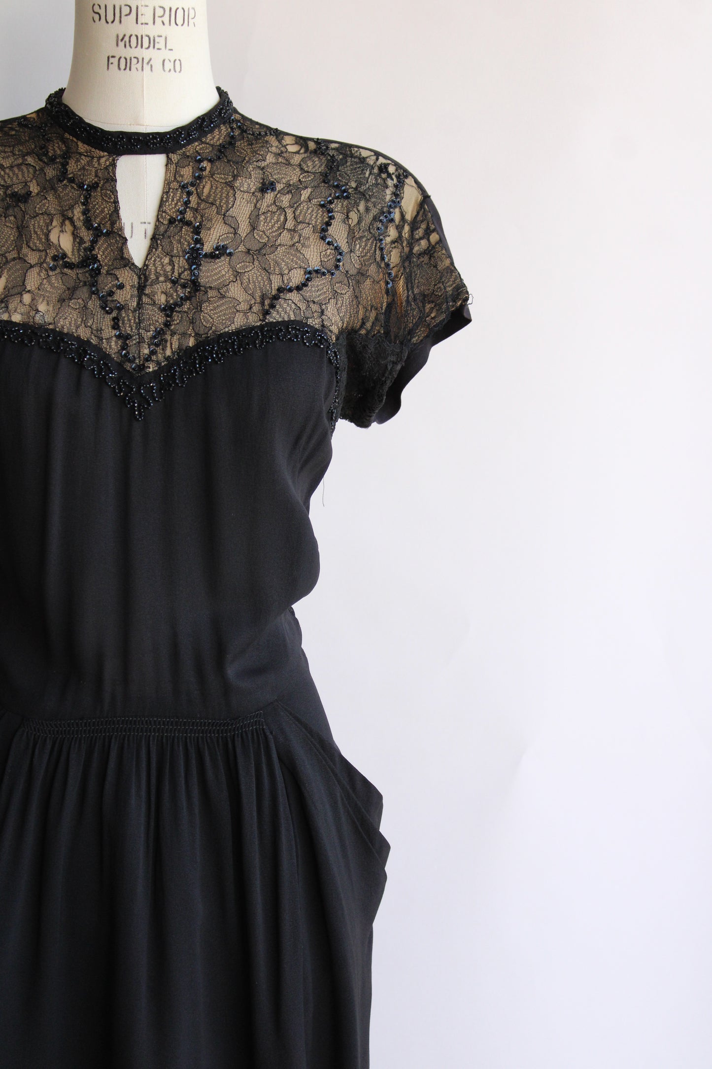 Vintage 1940s Black Dress With Illusion Lace Keyhole Neckline