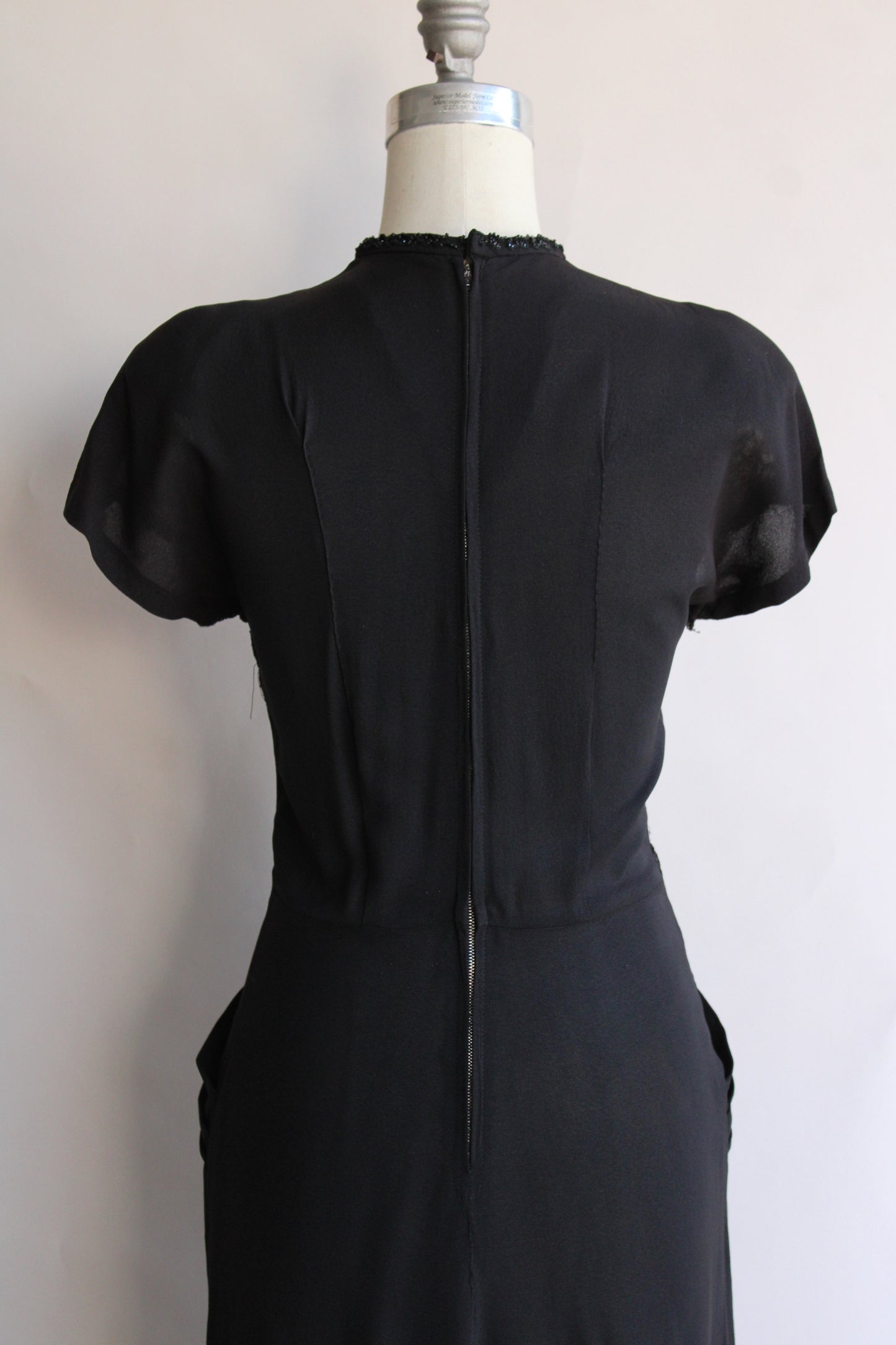 Vintage 1940s Black Dress With Illusion Lace Keyhole Neckline