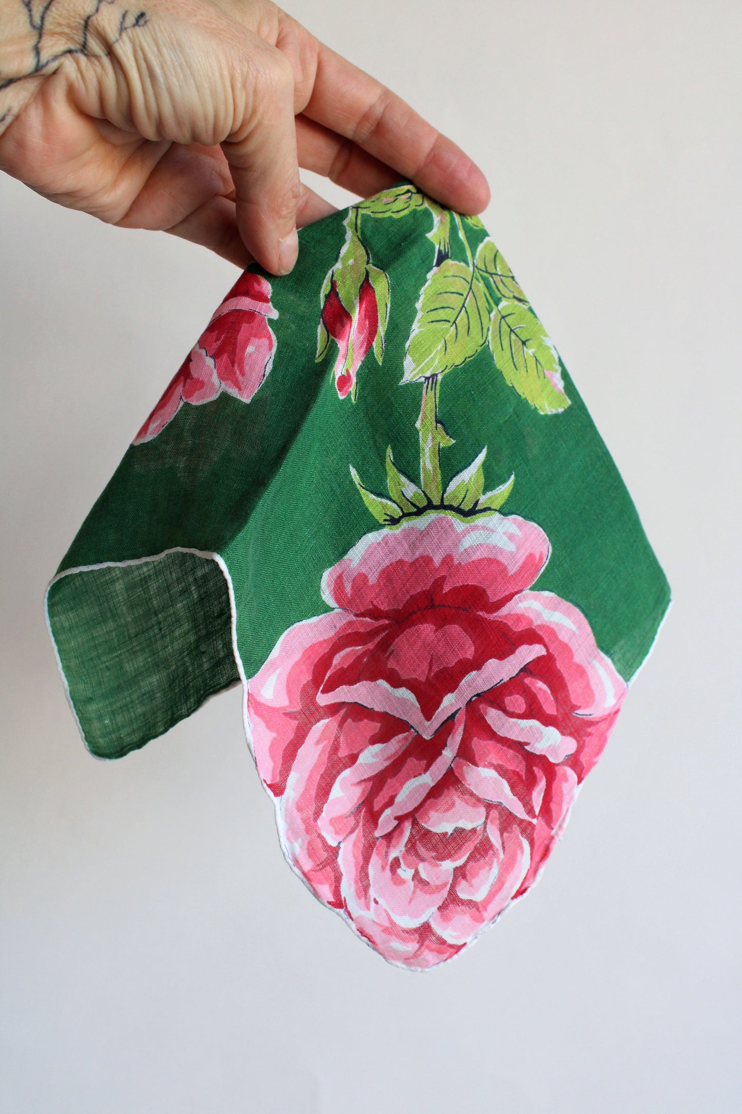 Vintage Green Cotton Hanky with Rose Print
