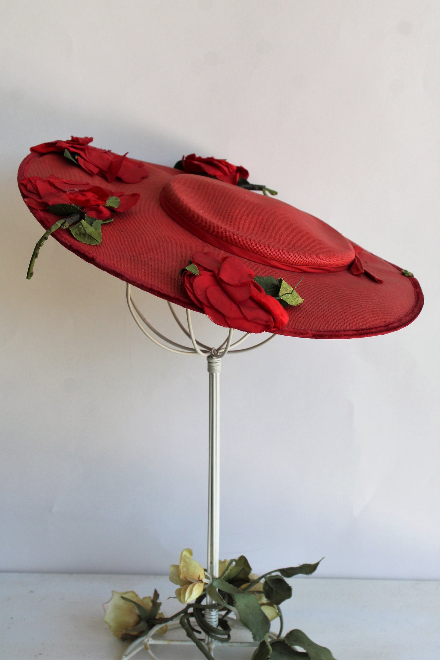Vintage 1950s Red Straw Wide Brimmed Hat with Velvet and Silk Flowers