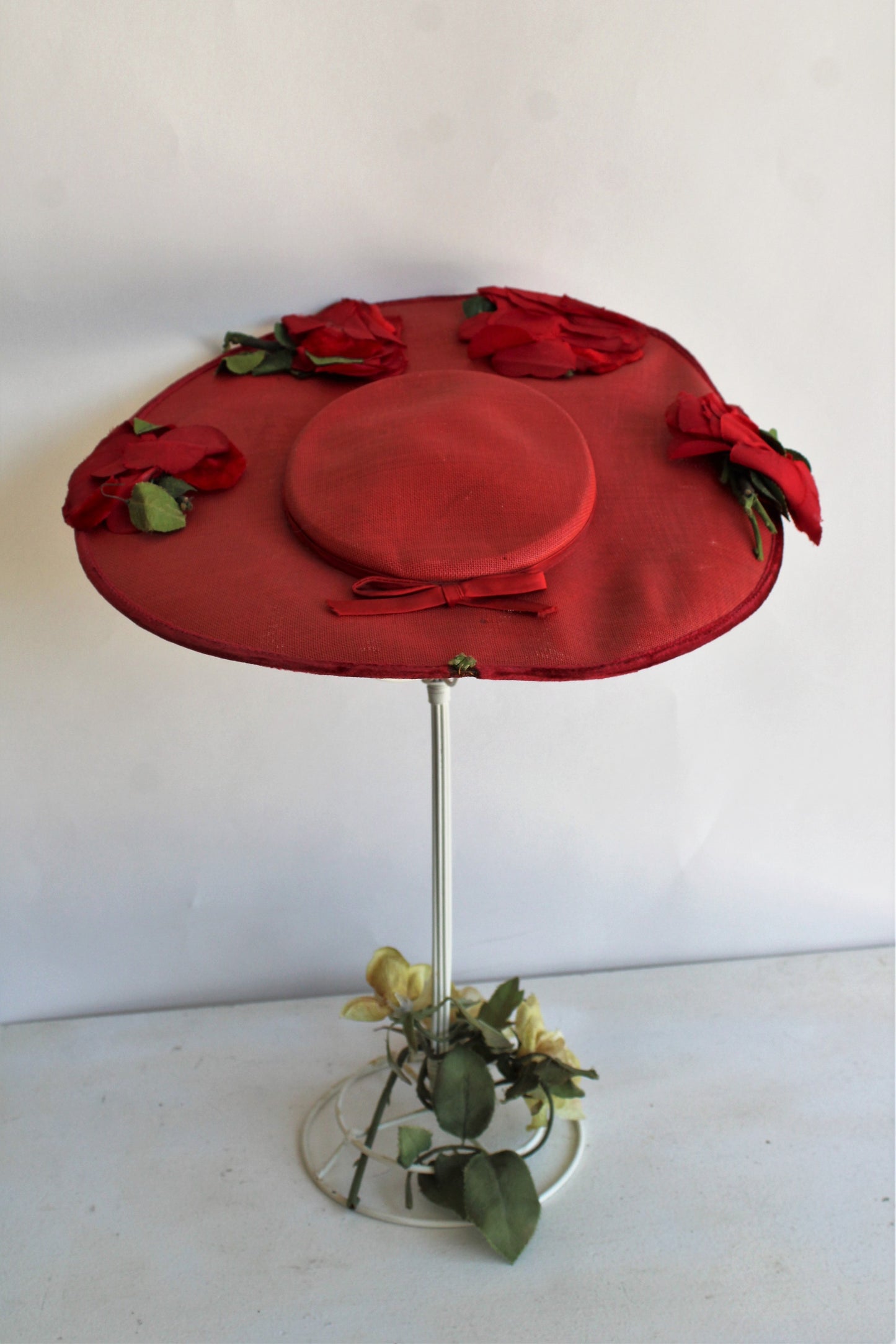 Vintage 1950s Red Straw Wide Brimmed Hat with Velvet and Silk Flowers