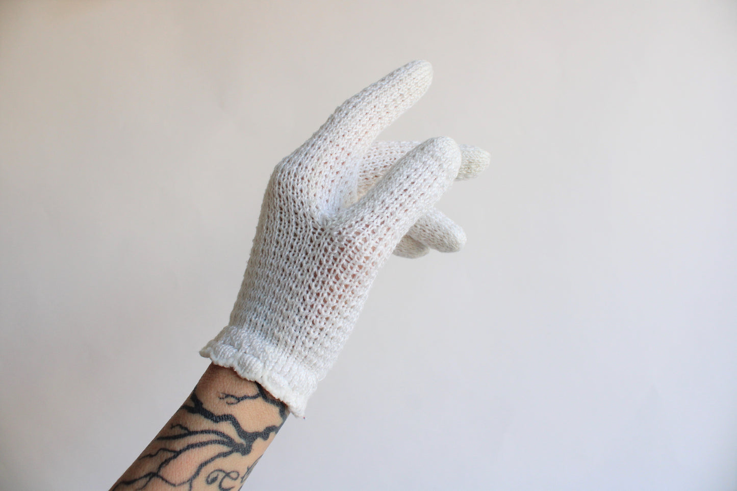 Vintage 1960s Winter White Knit Or Crochet Gloves