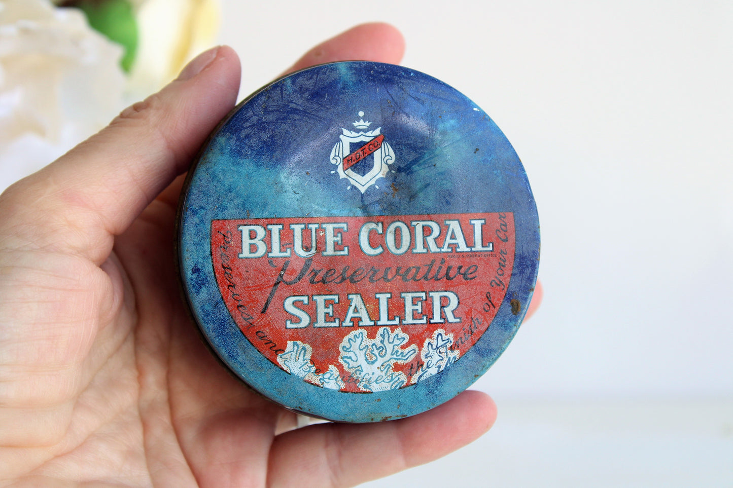 Vintage 1950s Cobalt Blue Glass Jar of Blue Coral Sealer