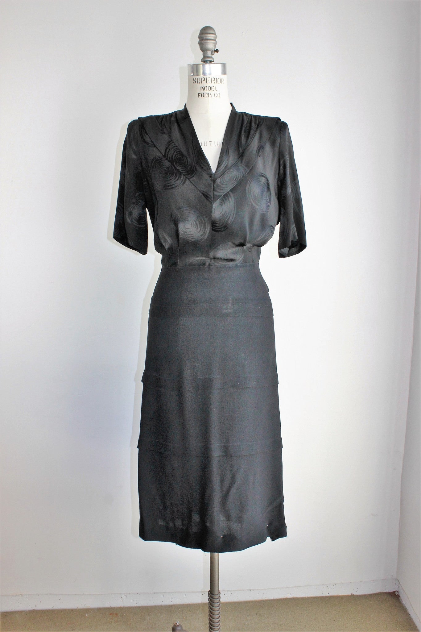 Vintage 1940s Black Rayon Dress With Shoulder Pads
