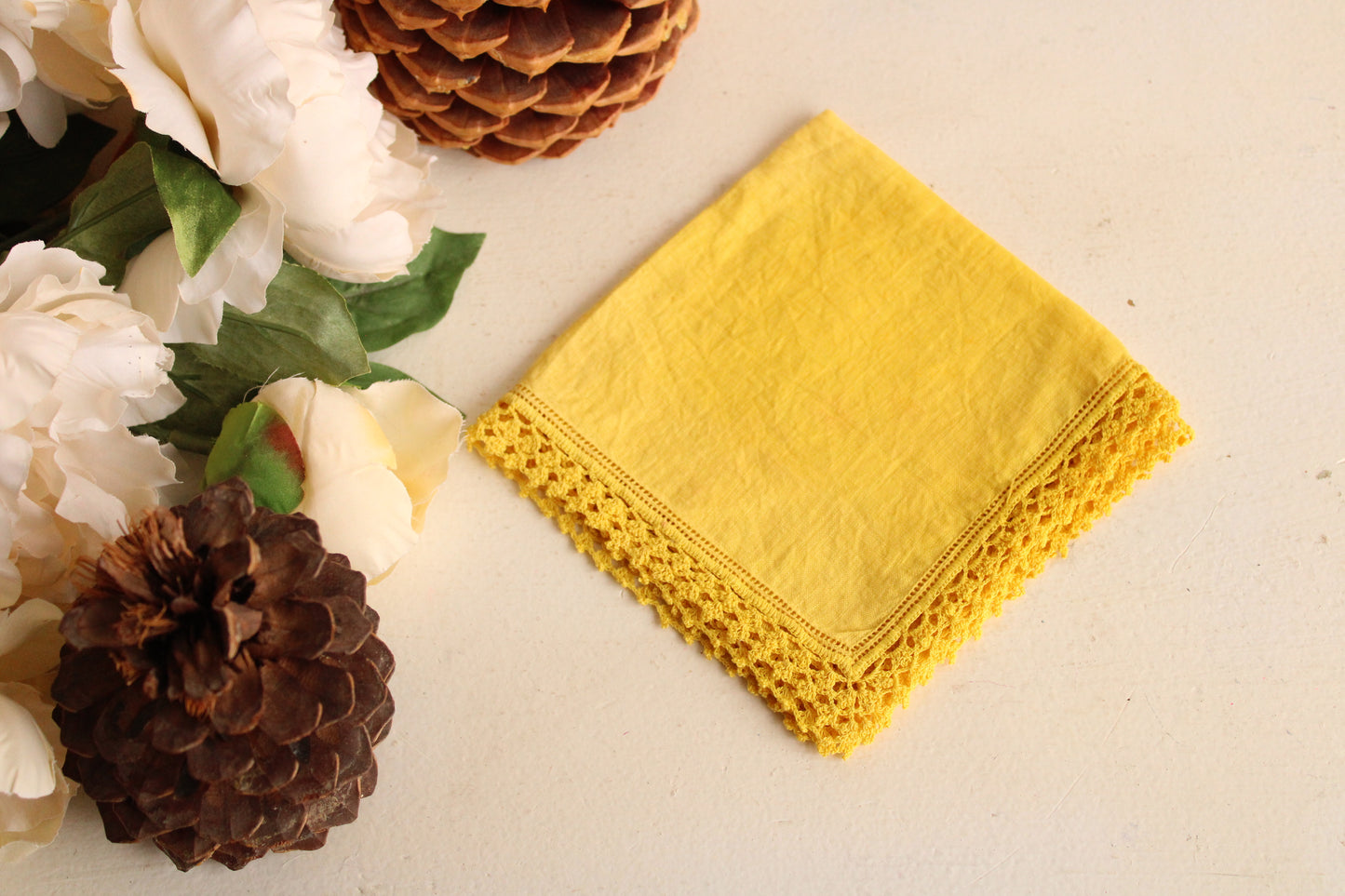 Hand Plant Dyed Yellow Linen Vintage Handkerchief with Crochet Lace Trim