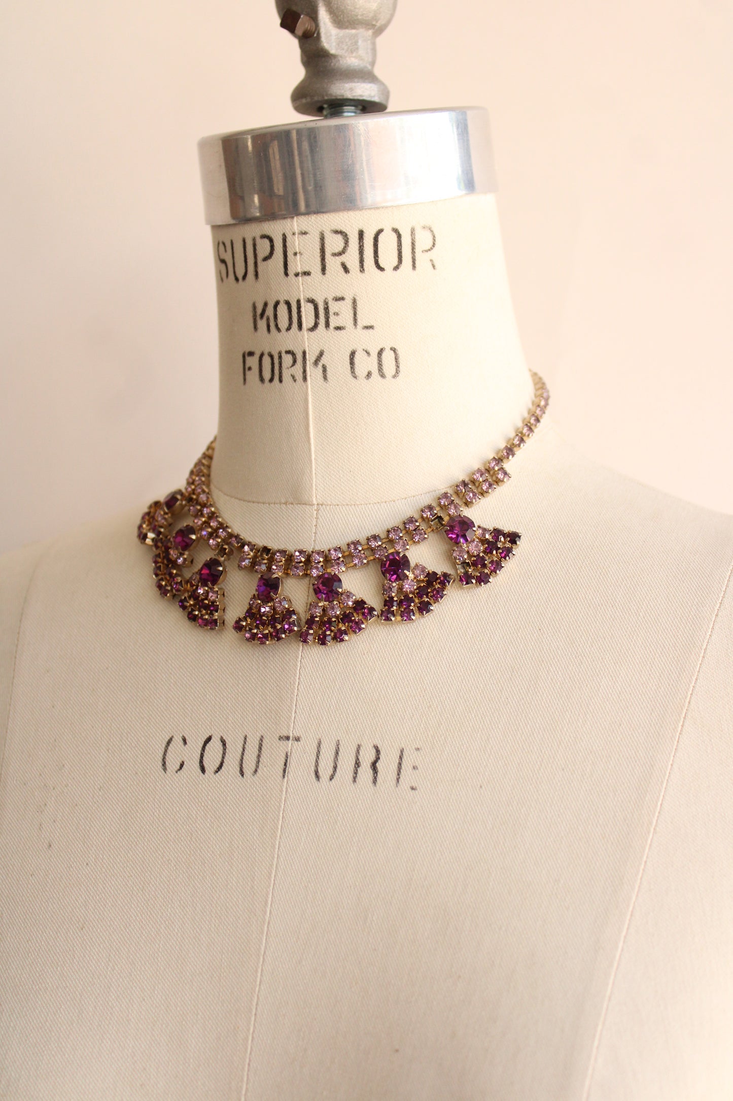 Vintage 1950s Purple Rhinestone Necklace and Earrings Set