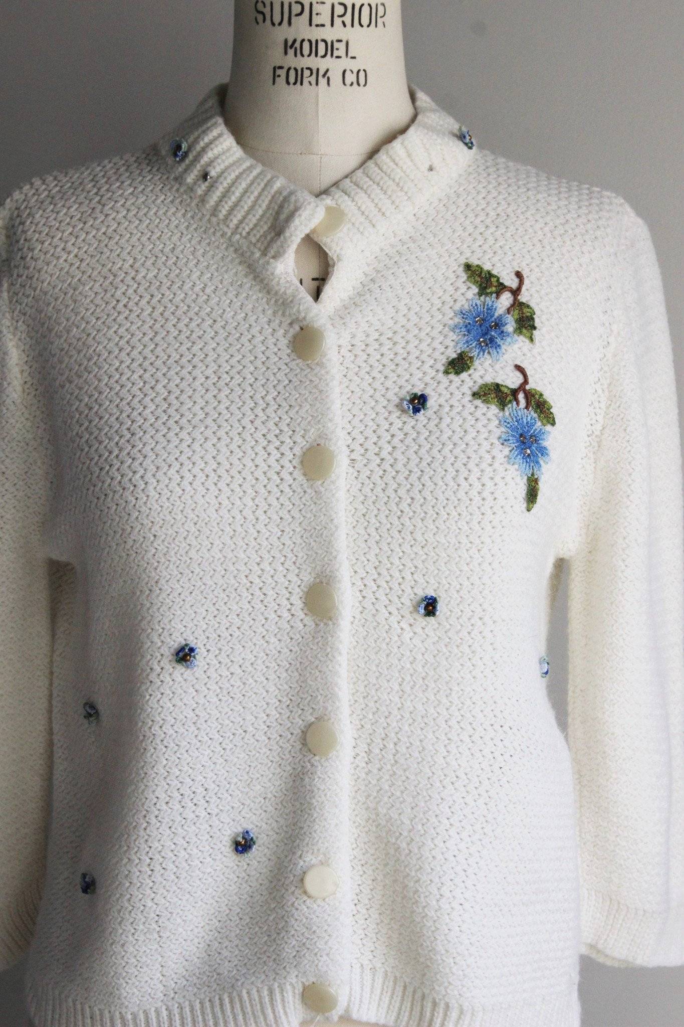 Vintage 1960s White Turbo Orlon Cardigan Sweater With Blue Flower Appliques-Toadstool Farm Vintage-1960s,60s,Appliques,Blue flowers,Cardigan,orlon,Sweater,Vintage,Vintage Clothing,White