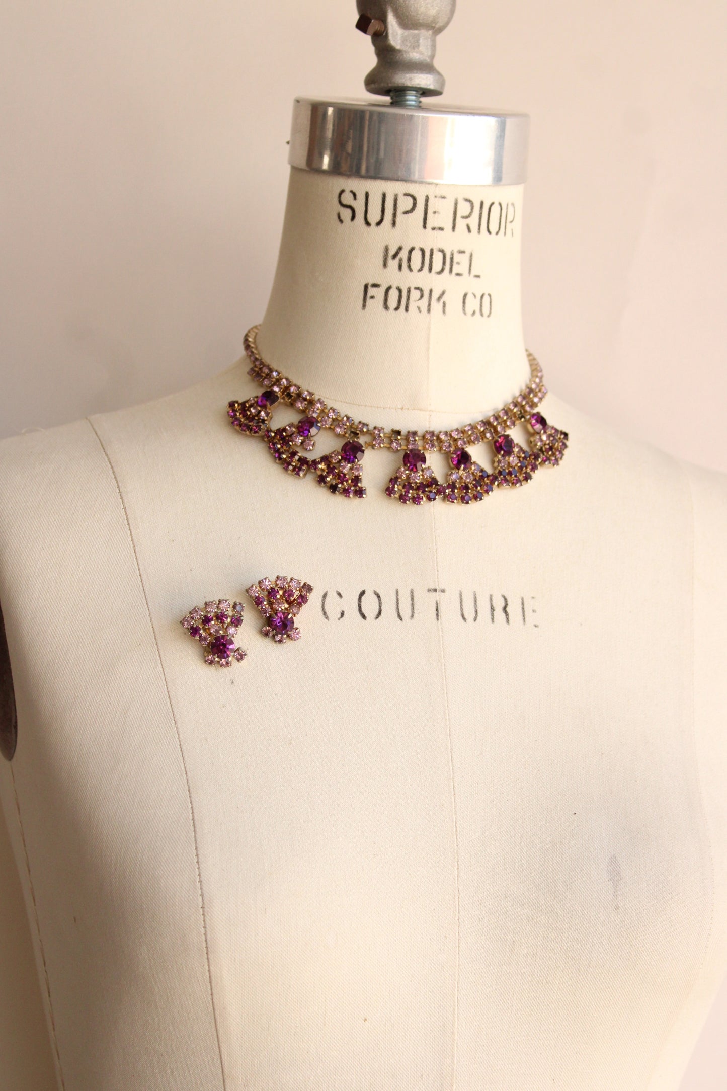 Vintage 1950s Purple Rhinestone Necklace and Earrings Set