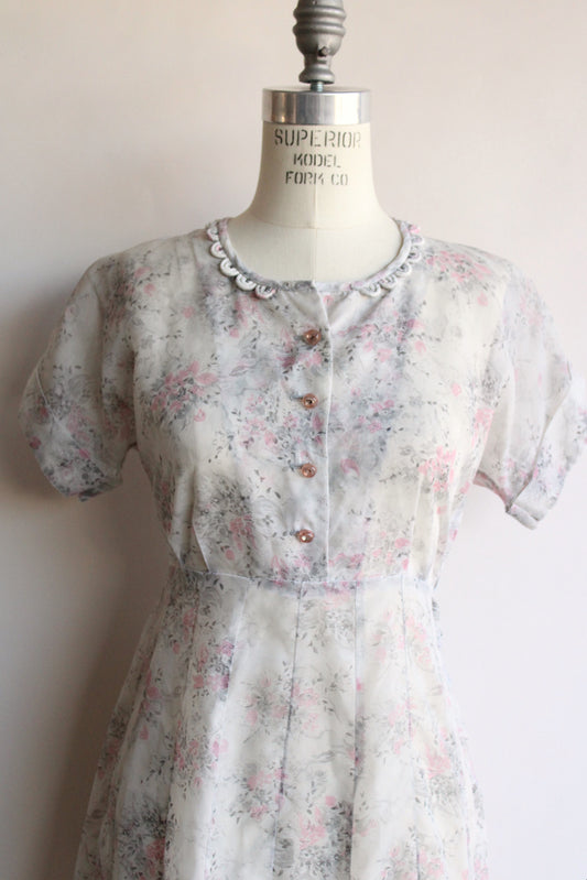 Vintage 1940s Sheer Gray and Pink Floral Print Dress