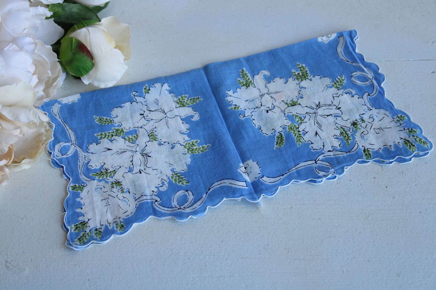 Vintage Blue and White Iris Print Hankie