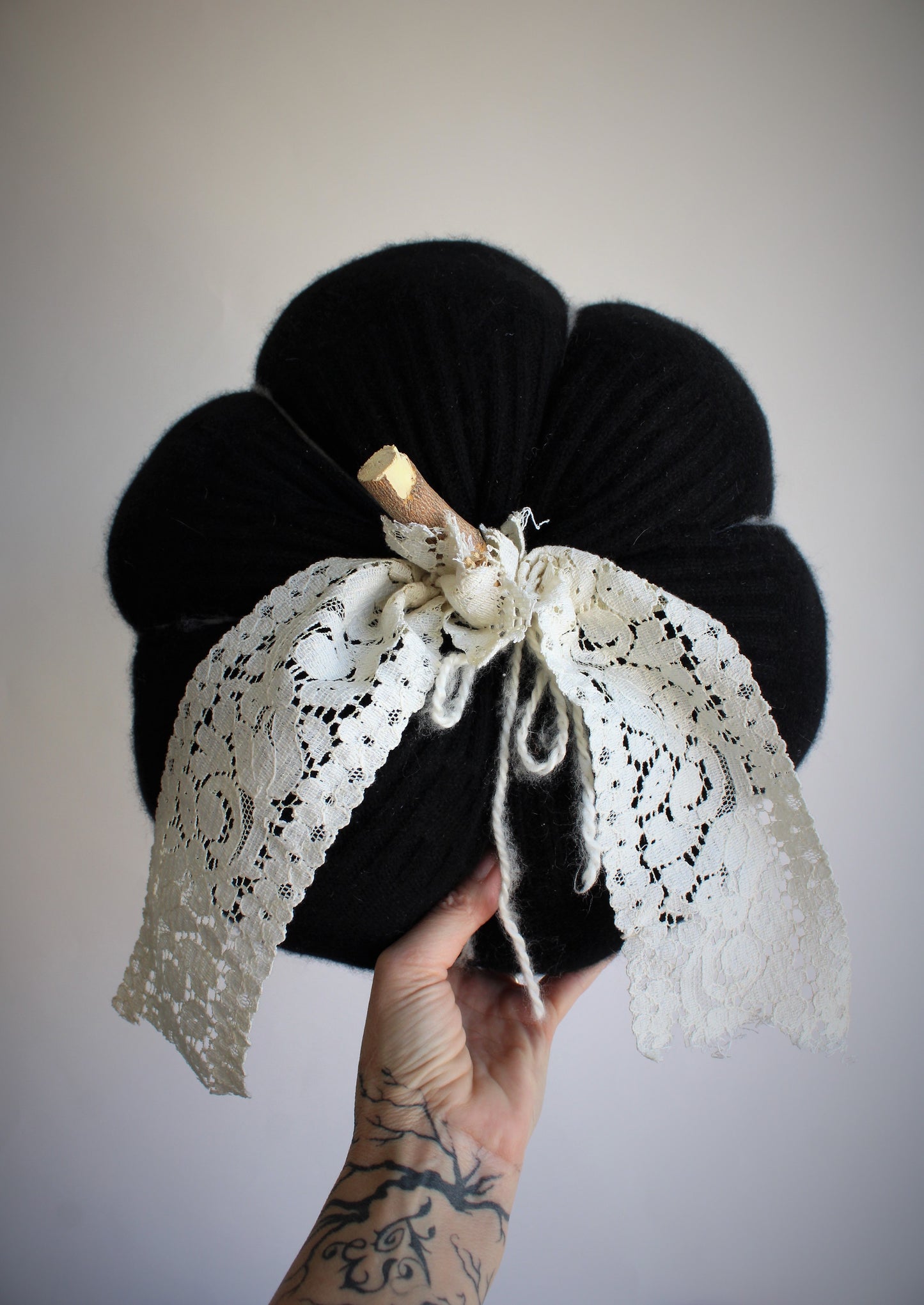 Extra Large Black Knit Pumpkin Pillow Pouf, With Black and Ivory Lace and Wooden Stem
