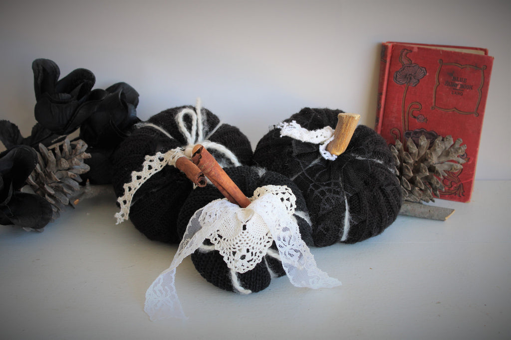 Black Knit Pumpkin Pillow Pouf, With Black Spiderweb Lace, Ivory Lace and Wooden Stem