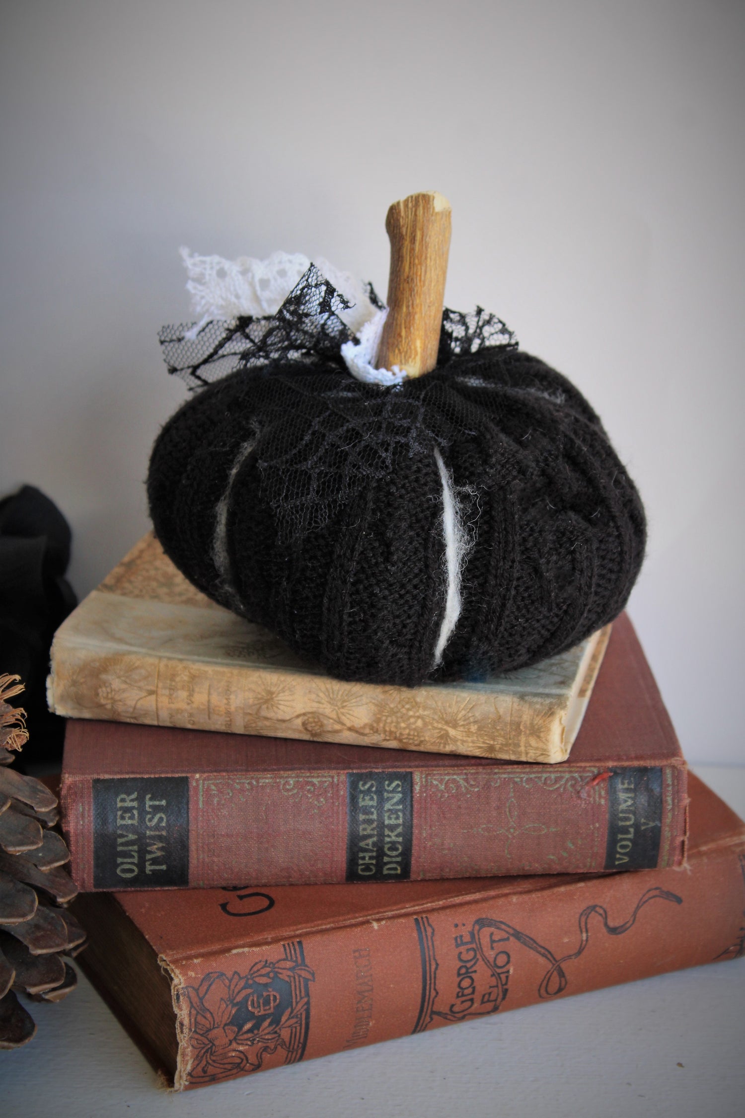 Black Knit Pumpkin Pillow Pouf, With Black Spiderweb Lace, Ivory Lace and Wooden Stem