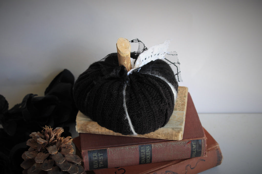 Black Knit Pumpkin Pillow Pouf, With Black Spiderweb Lace, Ivory Lace and Wooden Stem