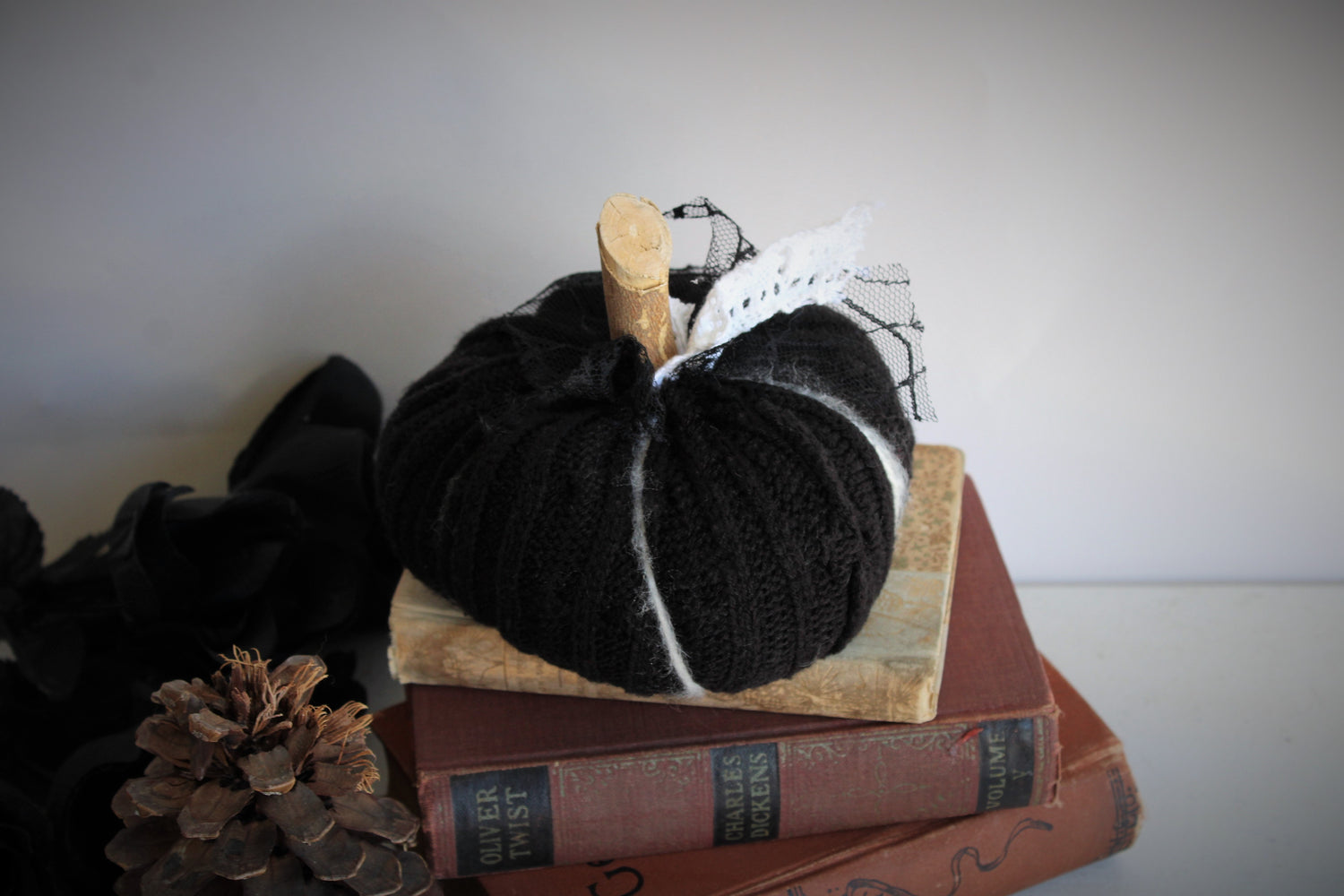 Black Knit Pumpkin Pillow Pouf, With Black Spiderweb Lace, Ivory Lace and Wooden Stem