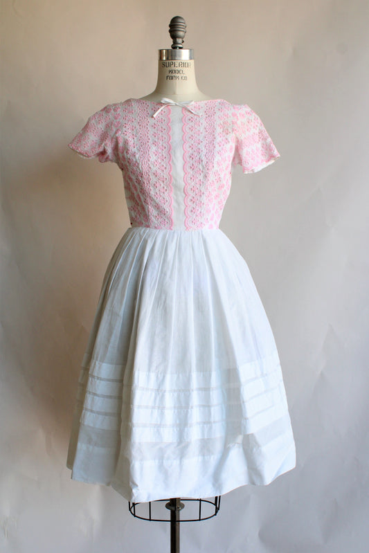 Vintage 1950s Pink Eyelet and White Cotton Dress