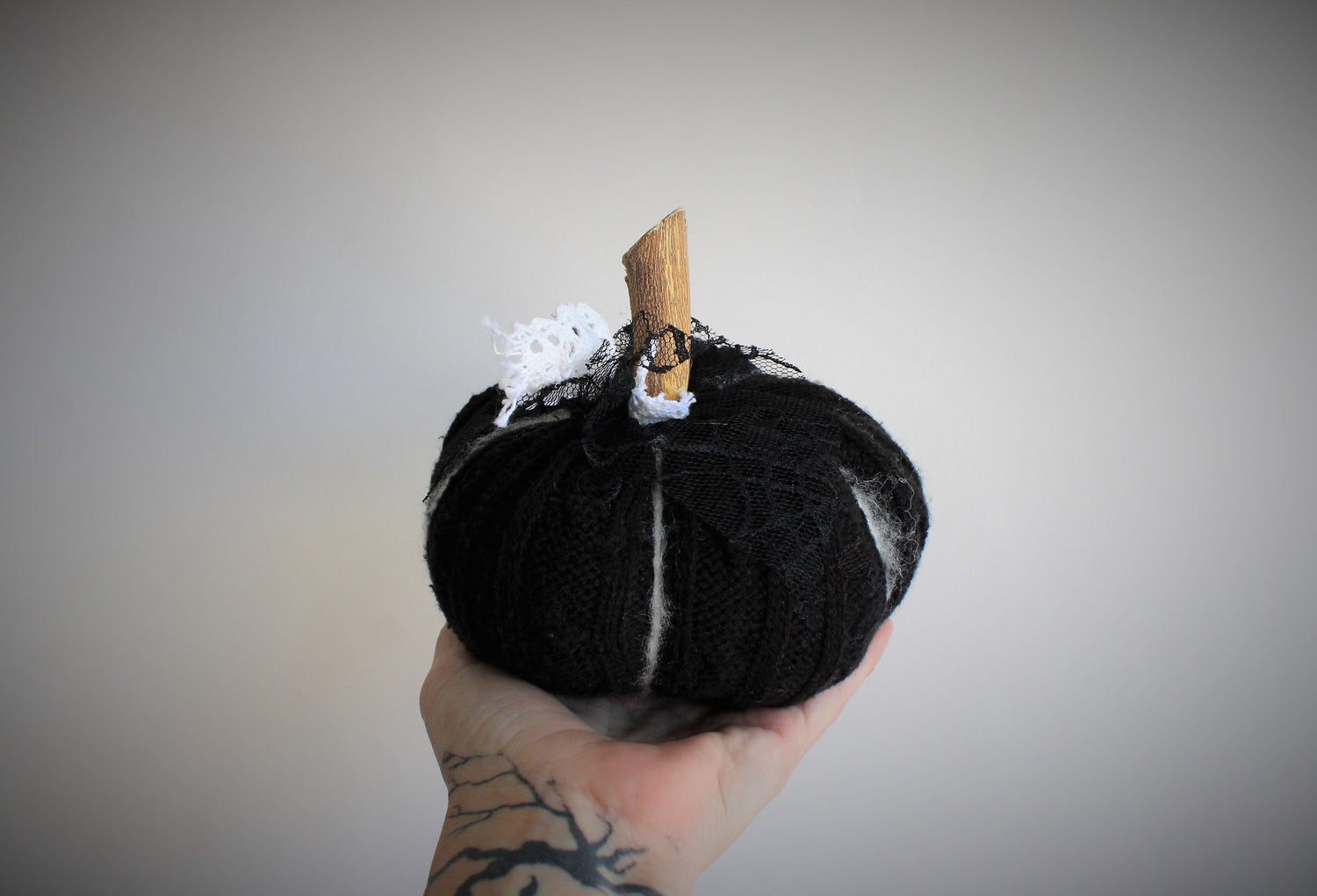 Black Knit Pumpkin Pillow Pouf, With Black Spiderweb Lace, Ivory Lace and Wooden Stem