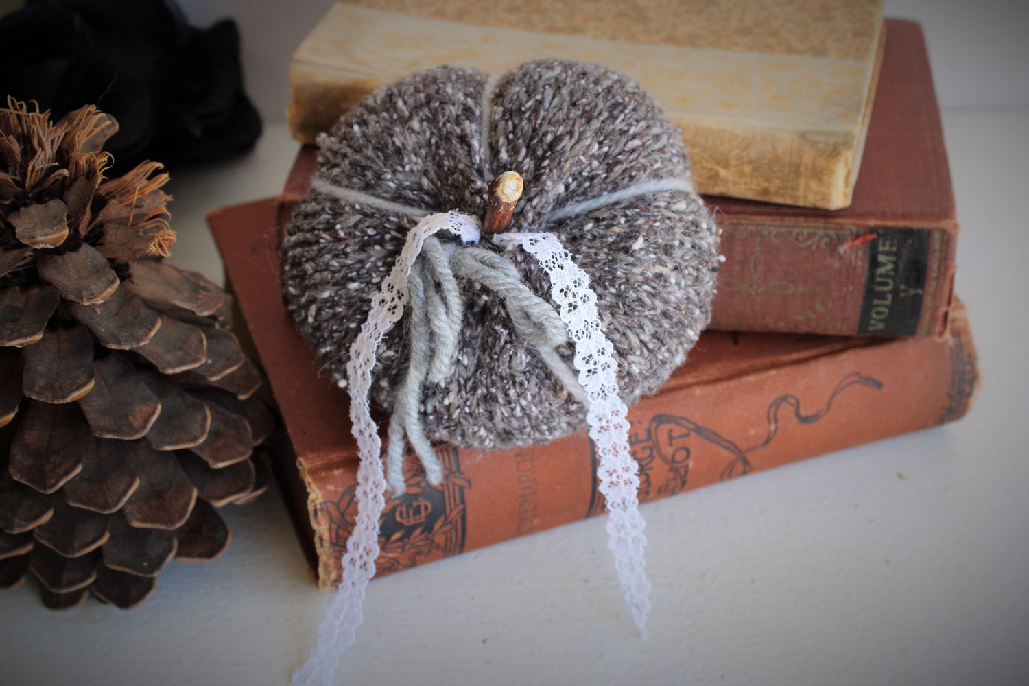 Mini Pumpkin Pillow Pouf with Vintage Lace and Rose Stem
