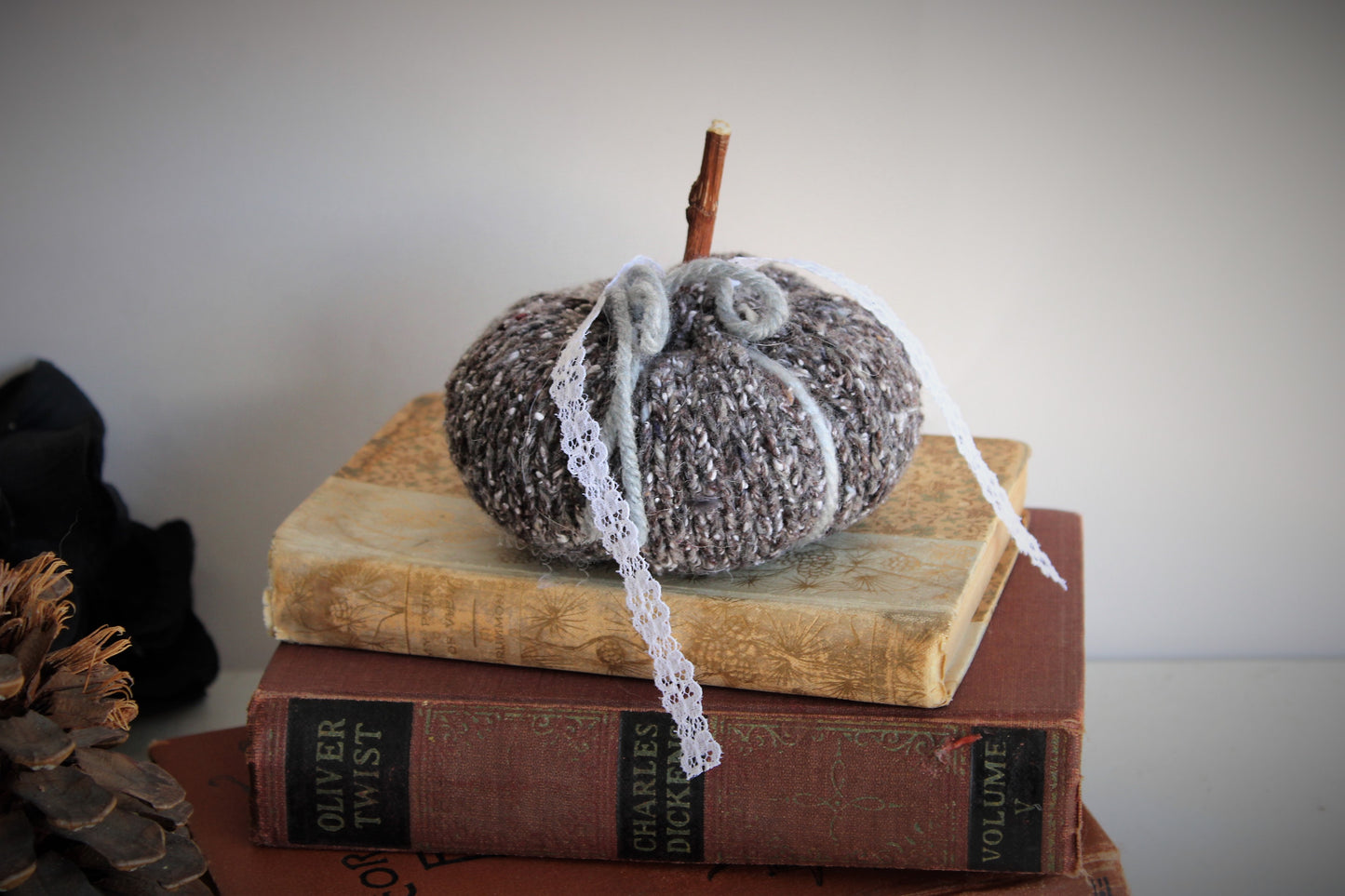 Mini Pumpkin Pillow Pouf with Vintage Lace and Rose Stem
