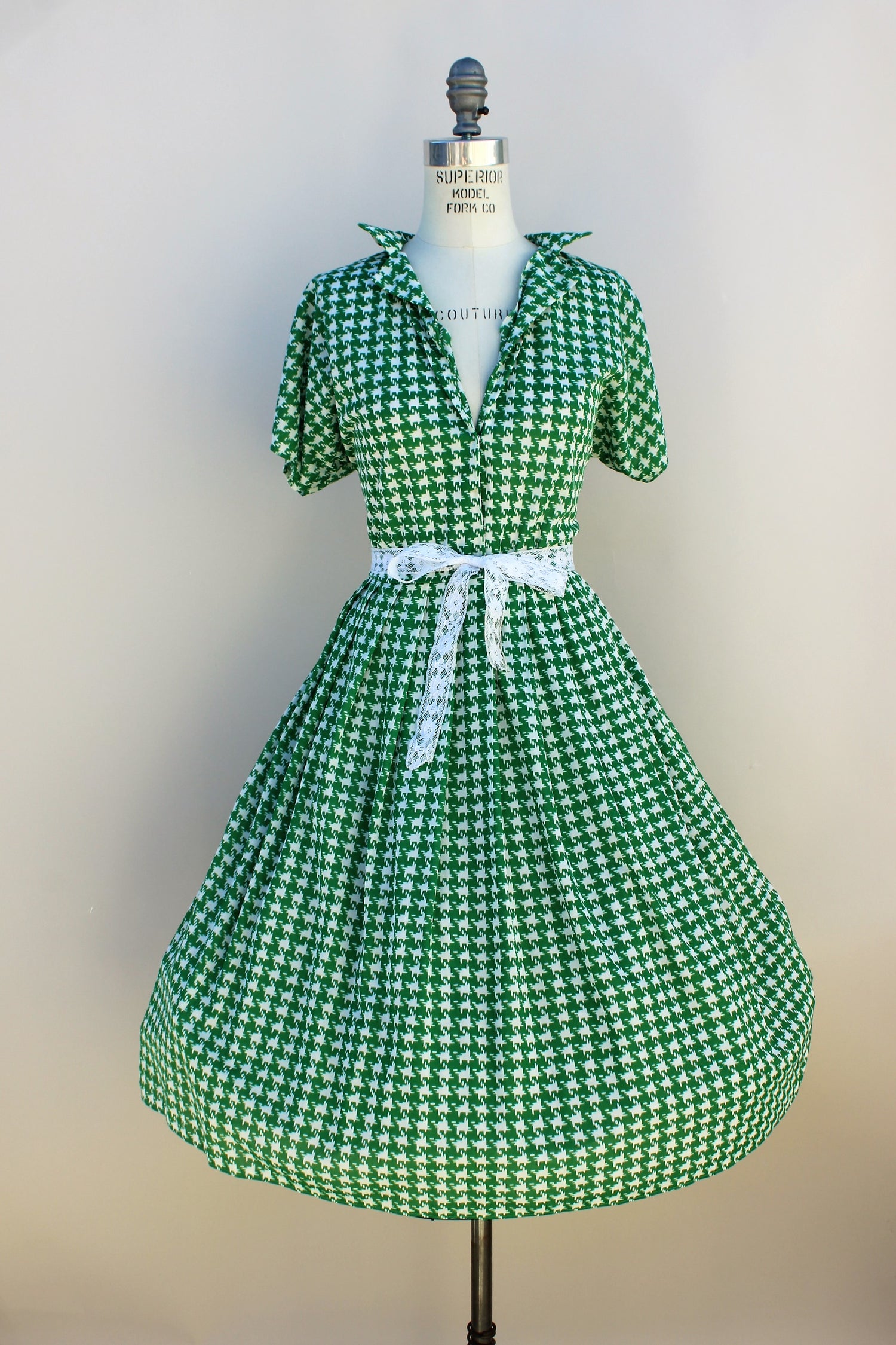 Vintage Late 1960s Green And White Houndstooth Dress