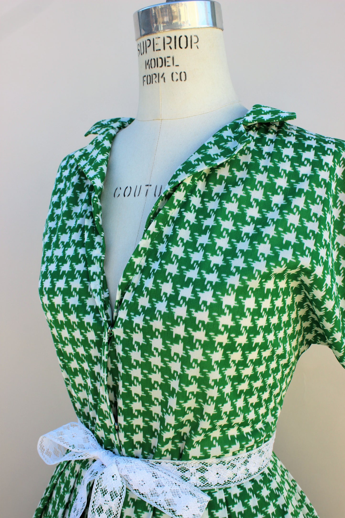 Vintage Late 1960s Green And White Houndstooth Dress