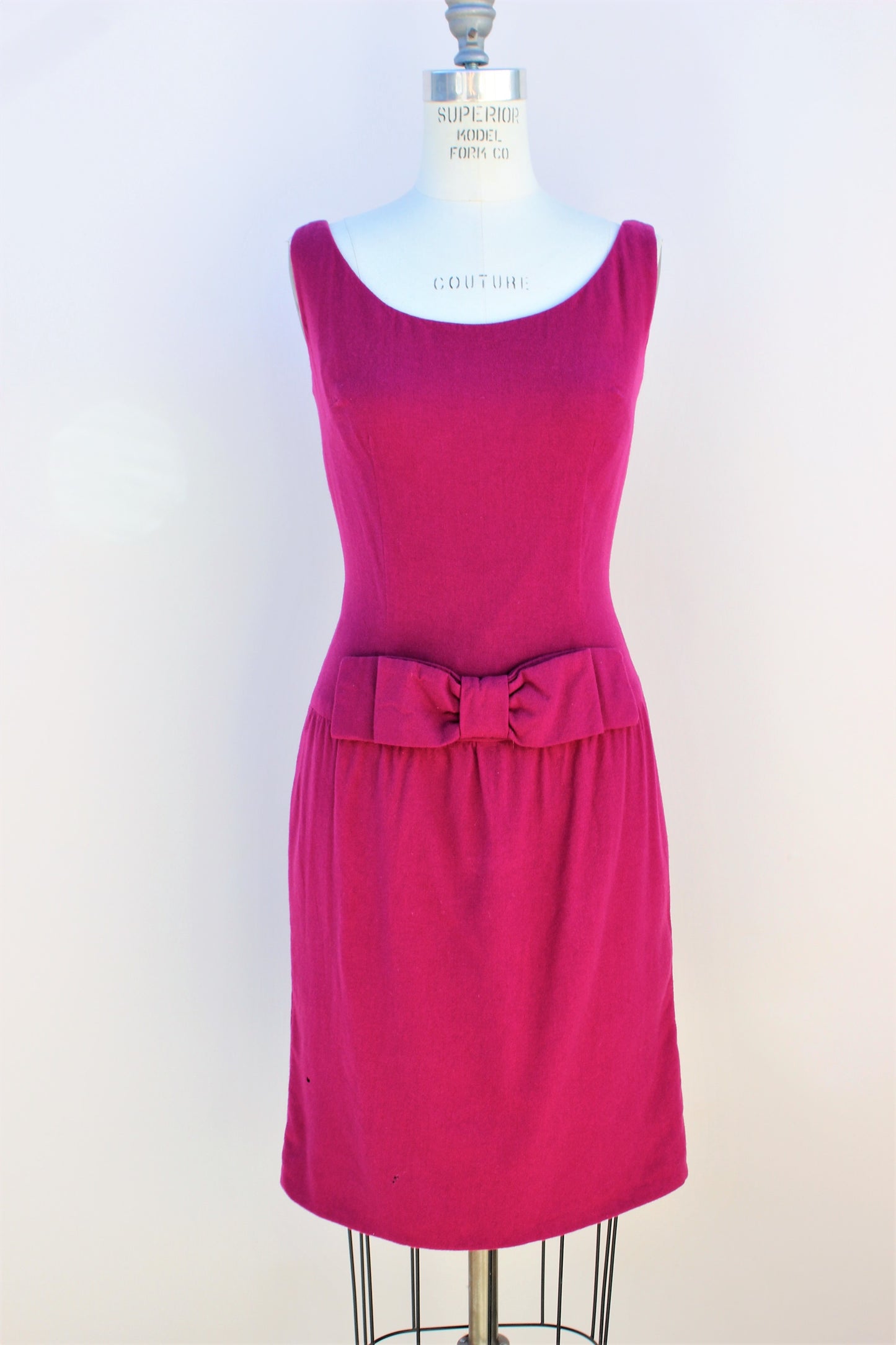 Vintage 1960s Raspberry Pink Wool Day Dress With Bow And Drop Waist