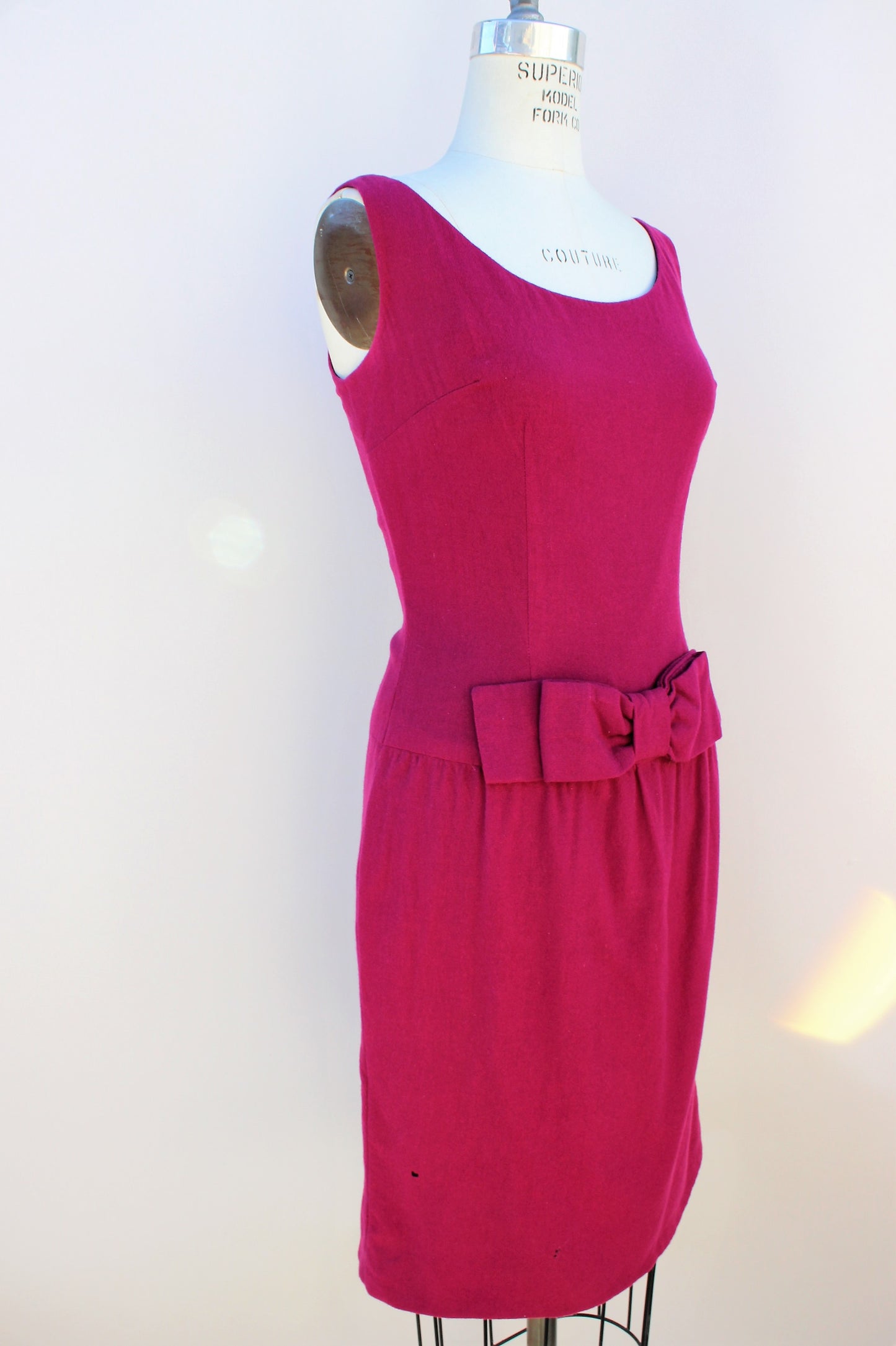 Vintage 1960s Raspberry Pink Wool Day Dress With Bow And Drop Waist