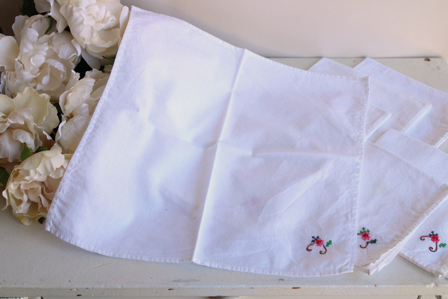 Vintage Set of Eight 1950s 1960s Embroidered White Cloth Napkins