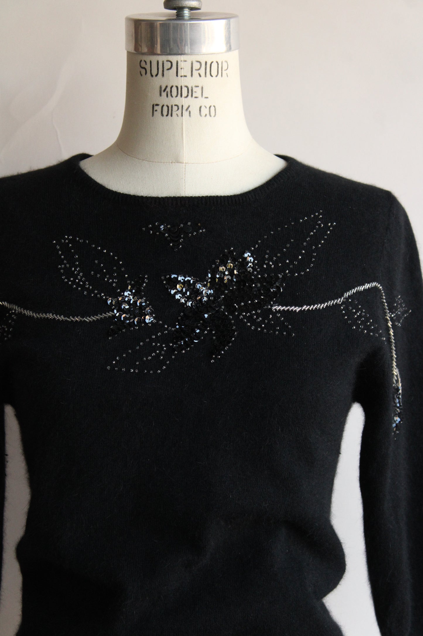 Vintage 1980s Does 1940s Angora Sweater with Keyhole Back and Beading