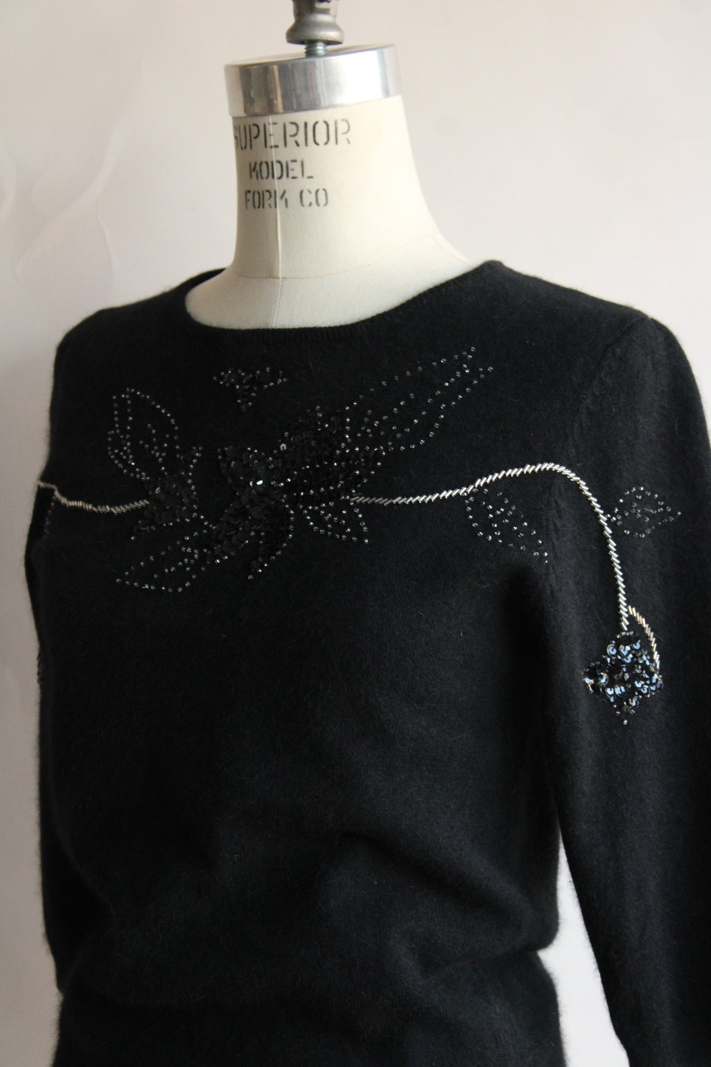 Vintage 1980s Does 1940s Angora Sweater with Keyhole Back and Beading