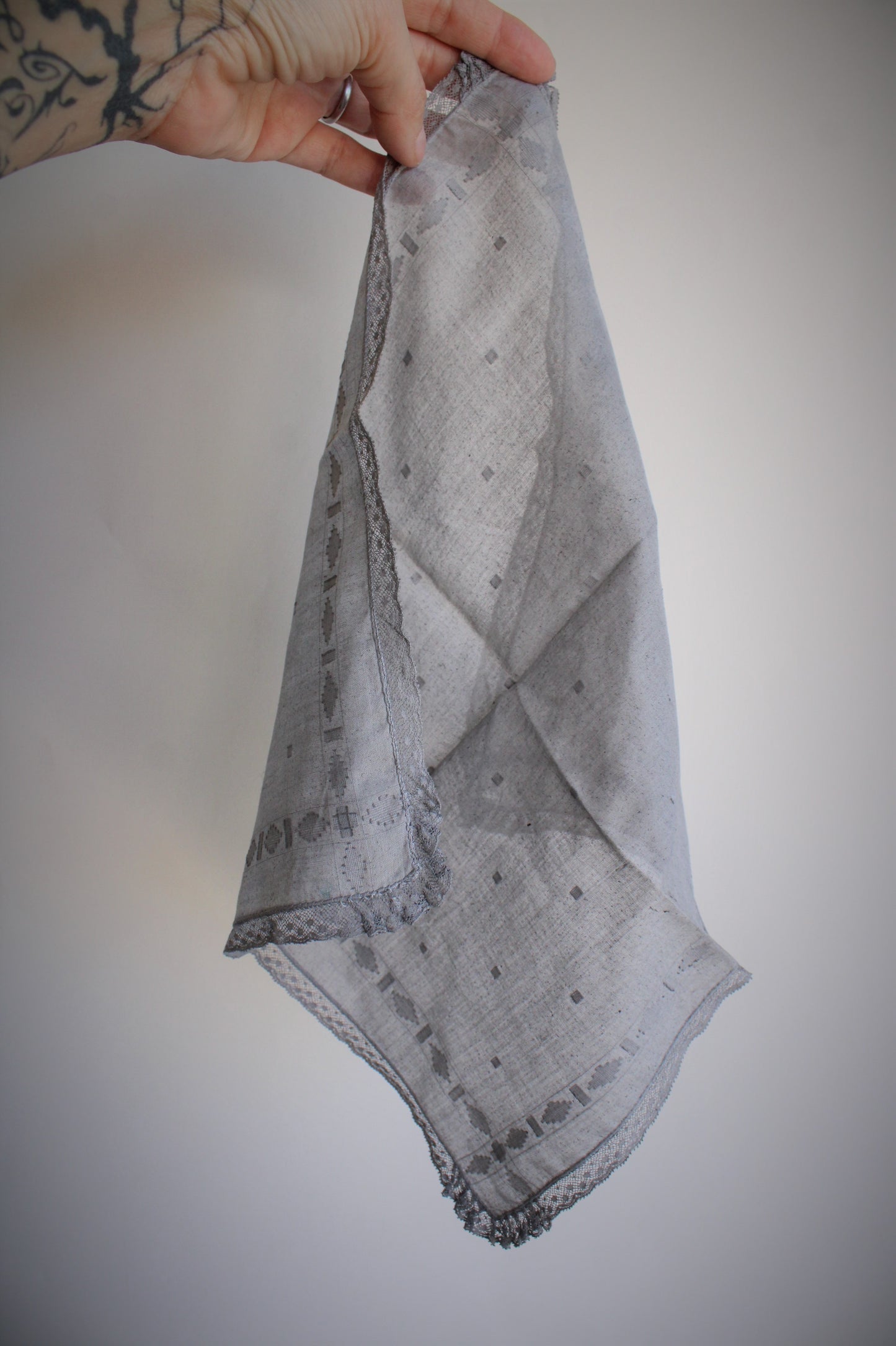 Hand Plant Dyed Blue Grey Linen Vintage Handkerchief with Crochet Lace Trim