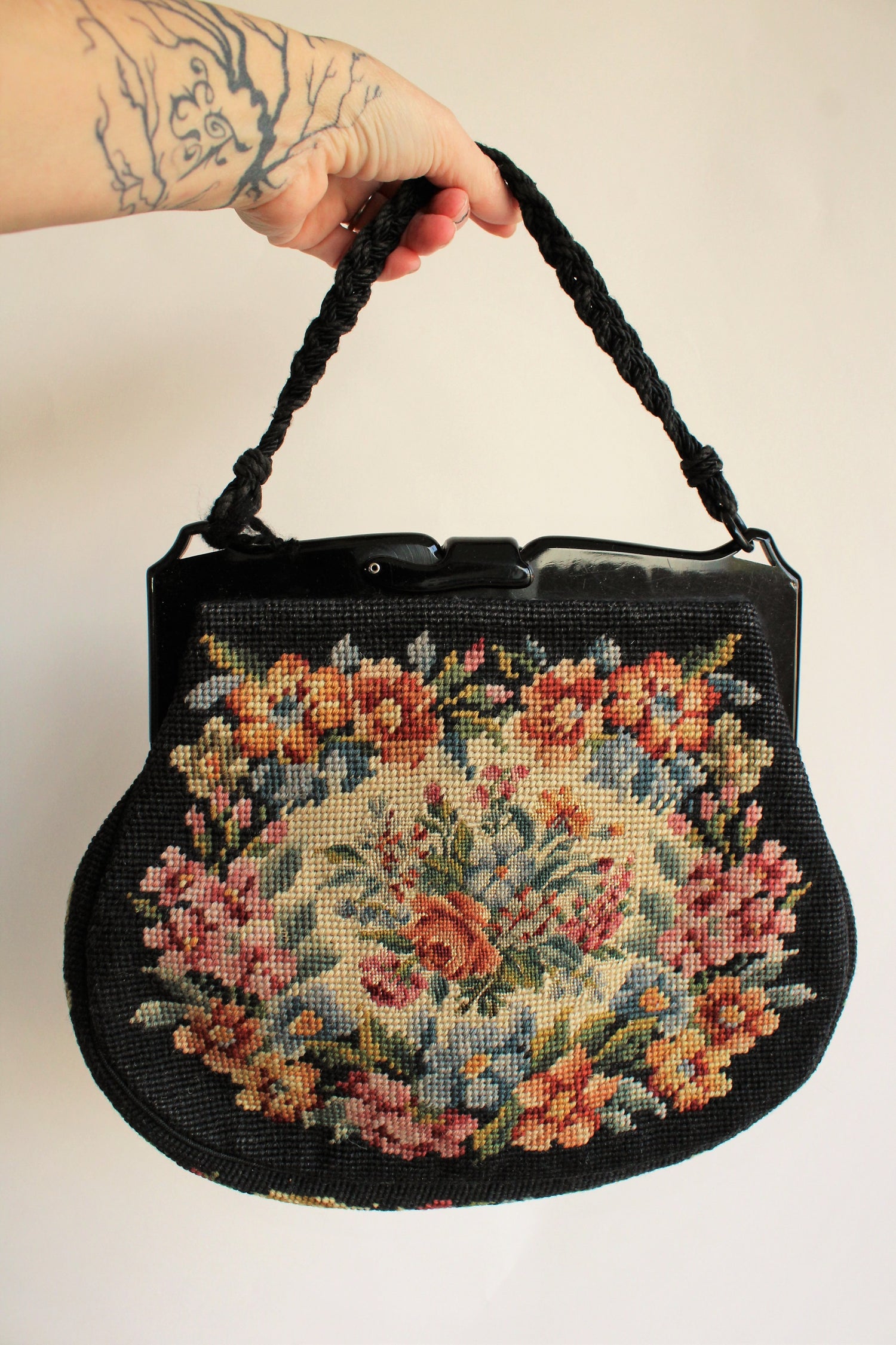 Vintage 1940s Needlepoint Tapestry Purse Large Handbag