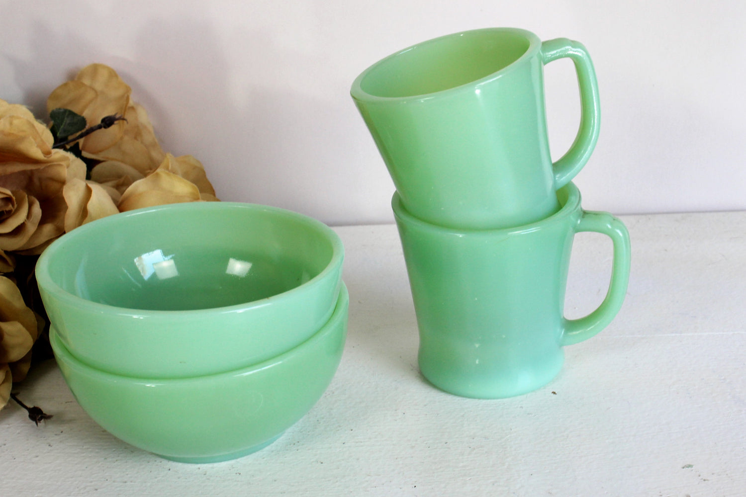Vintage 1950s Jadeite Coffee Cups And Bowls 