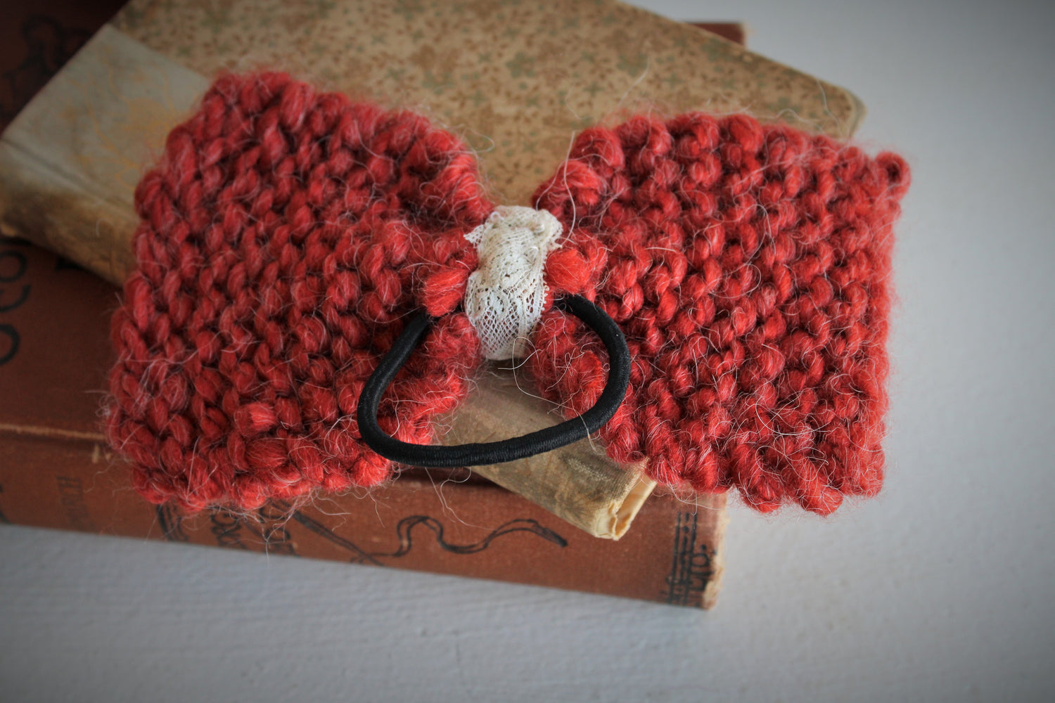 Handknit "Fox" Rust Color Hair Bow with Vintage Lace