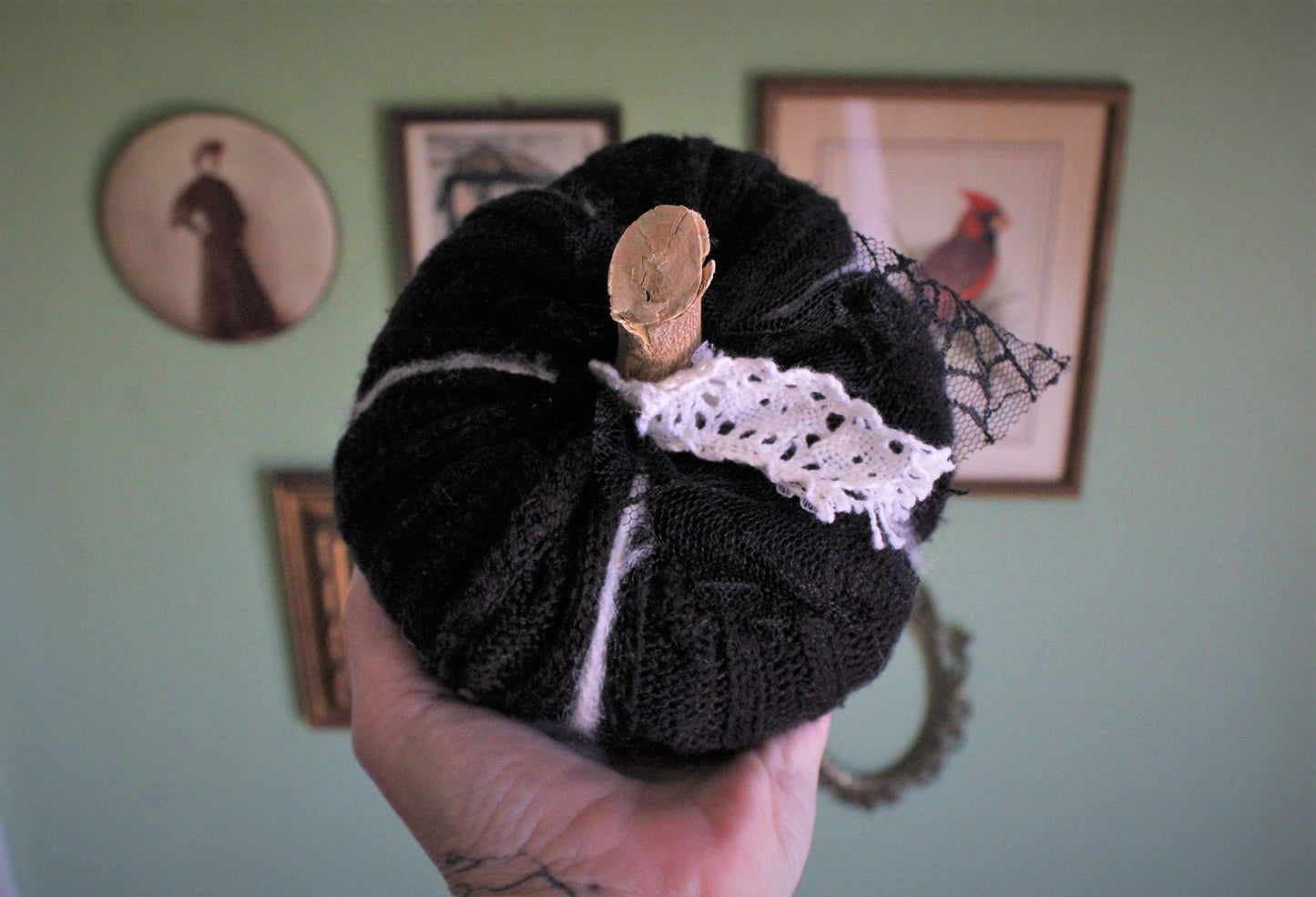 Black Knit Pumpkin Pillow Pouf, With Black Spiderweb Lace, Ivory Lace and Wooden Stem