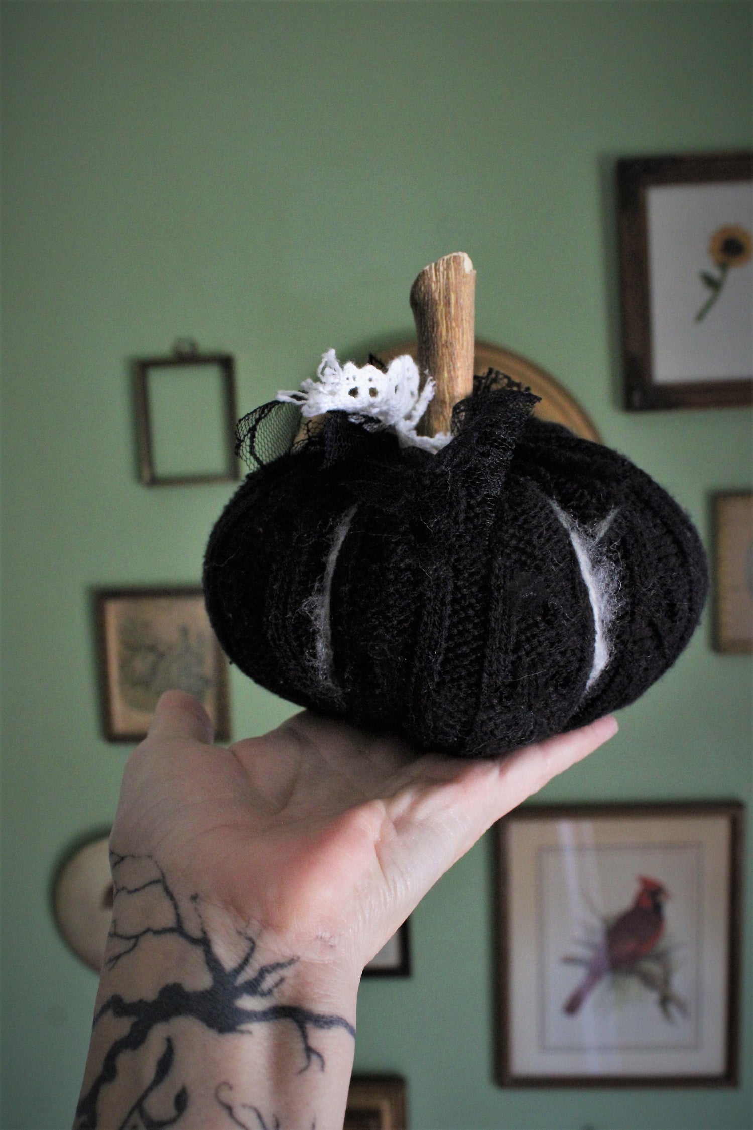 Black Knit Pumpkin Pillow Pouf, With Black Spiderweb Lace, Ivory Lace and Wooden Stem