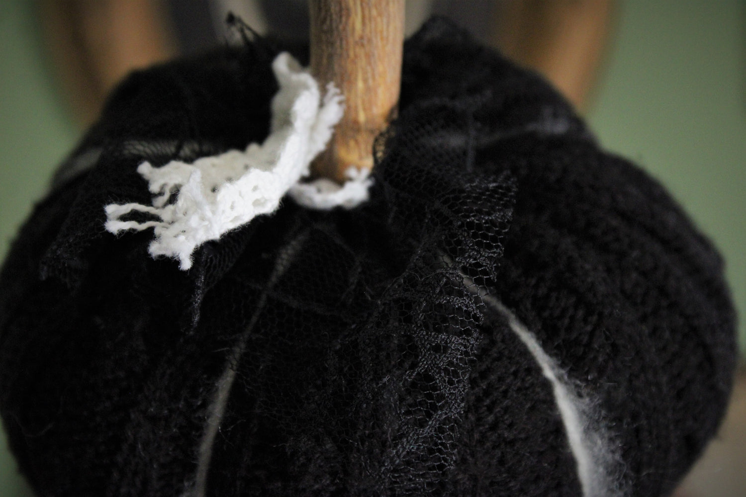 Black Knit Pumpkin Pillow Pouf, With Black Spiderweb Lace, Ivory Lace and Wooden Stem