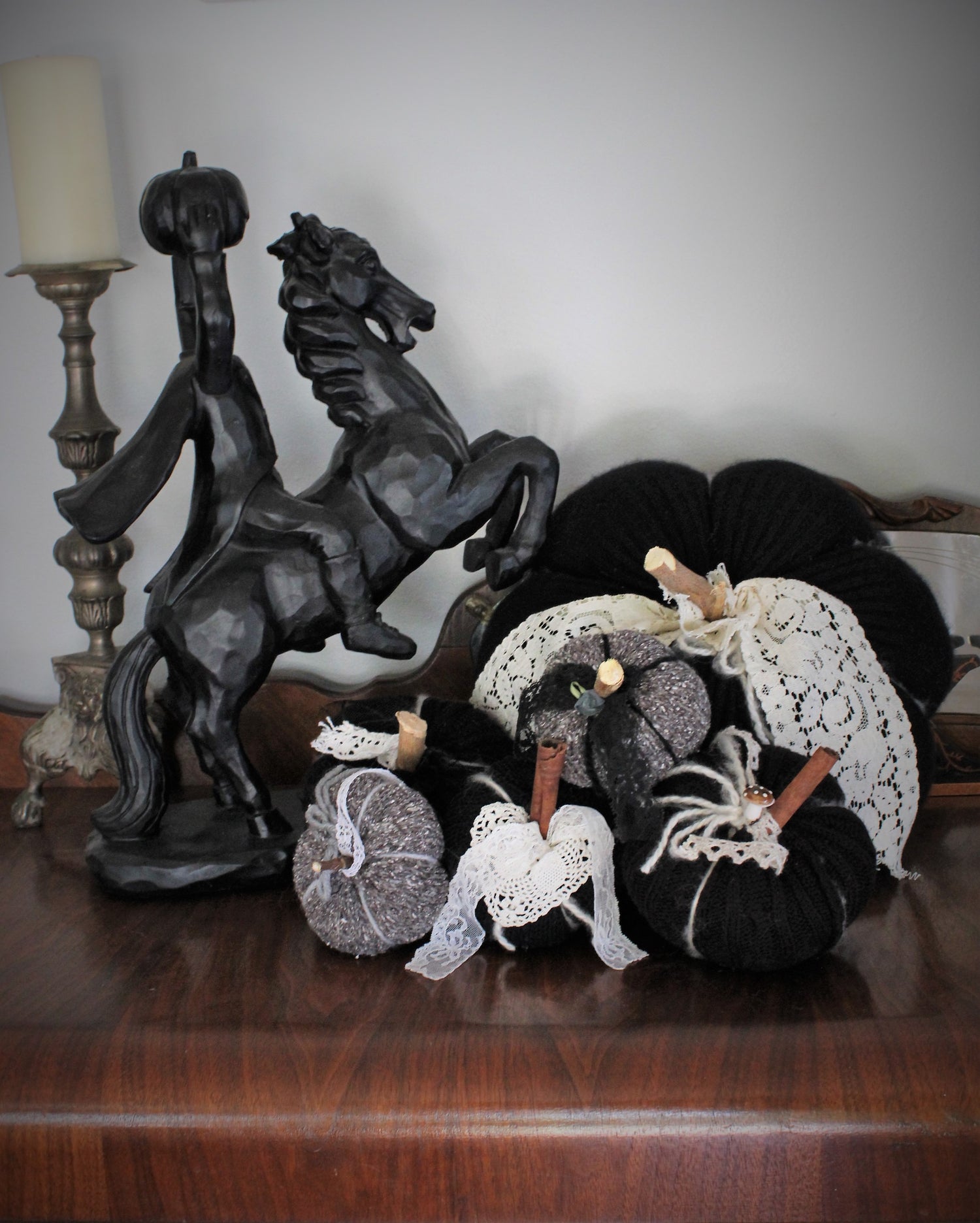 Black Knit Pumpkin Pillow Pouf, With Black Spiderweb Lace, Ivory Lace and Wooden Stem