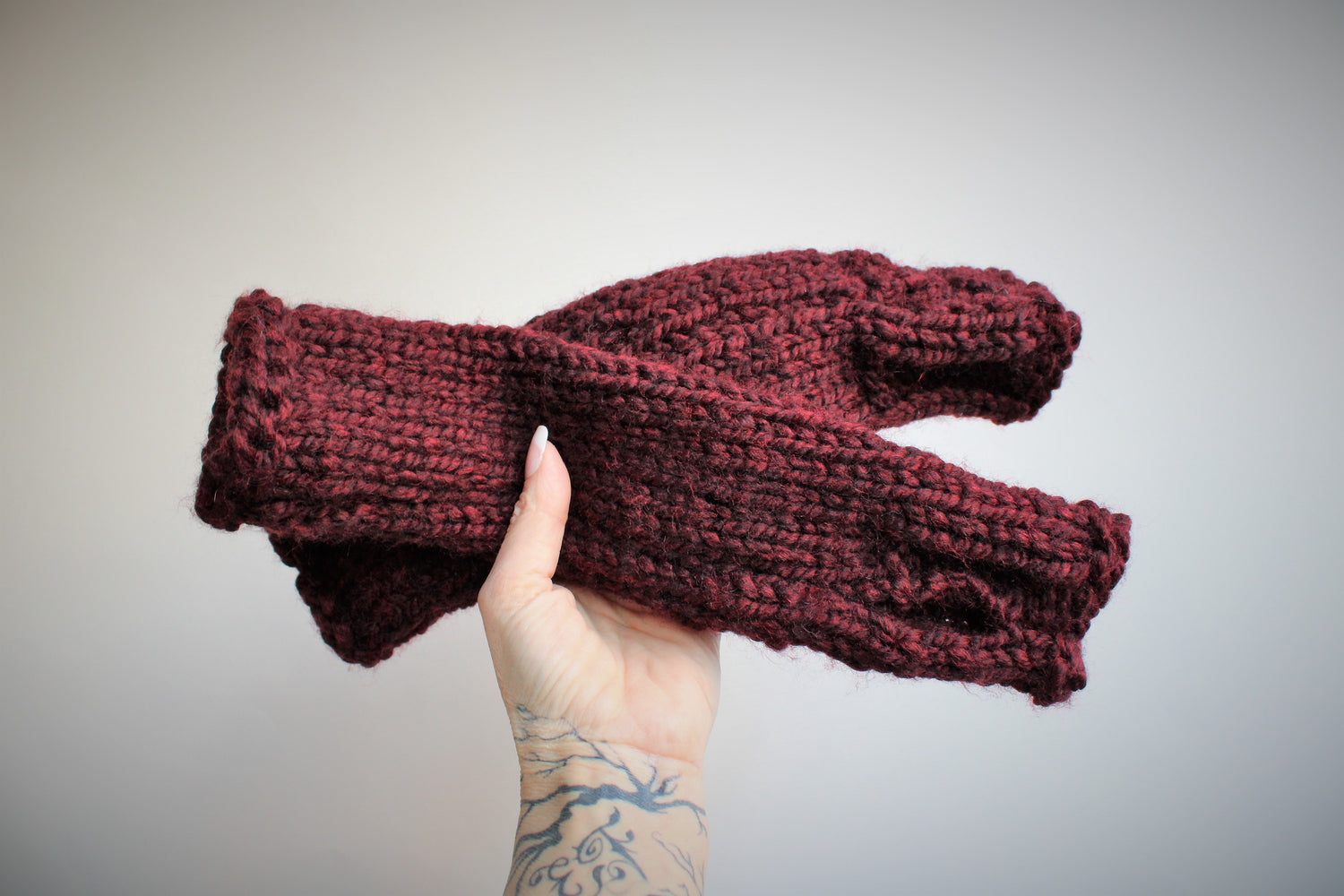 The "Garnet" Handknit Fingerless Gloves in Dark Wine Red
