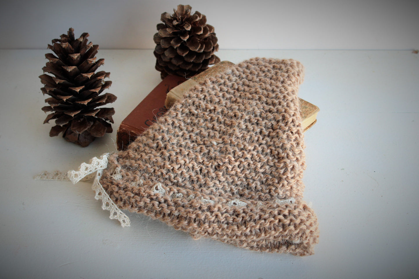 "Wood Elf" Handknit Beanie Hat in Light Taupe Brown, with Vintage Lace Bow